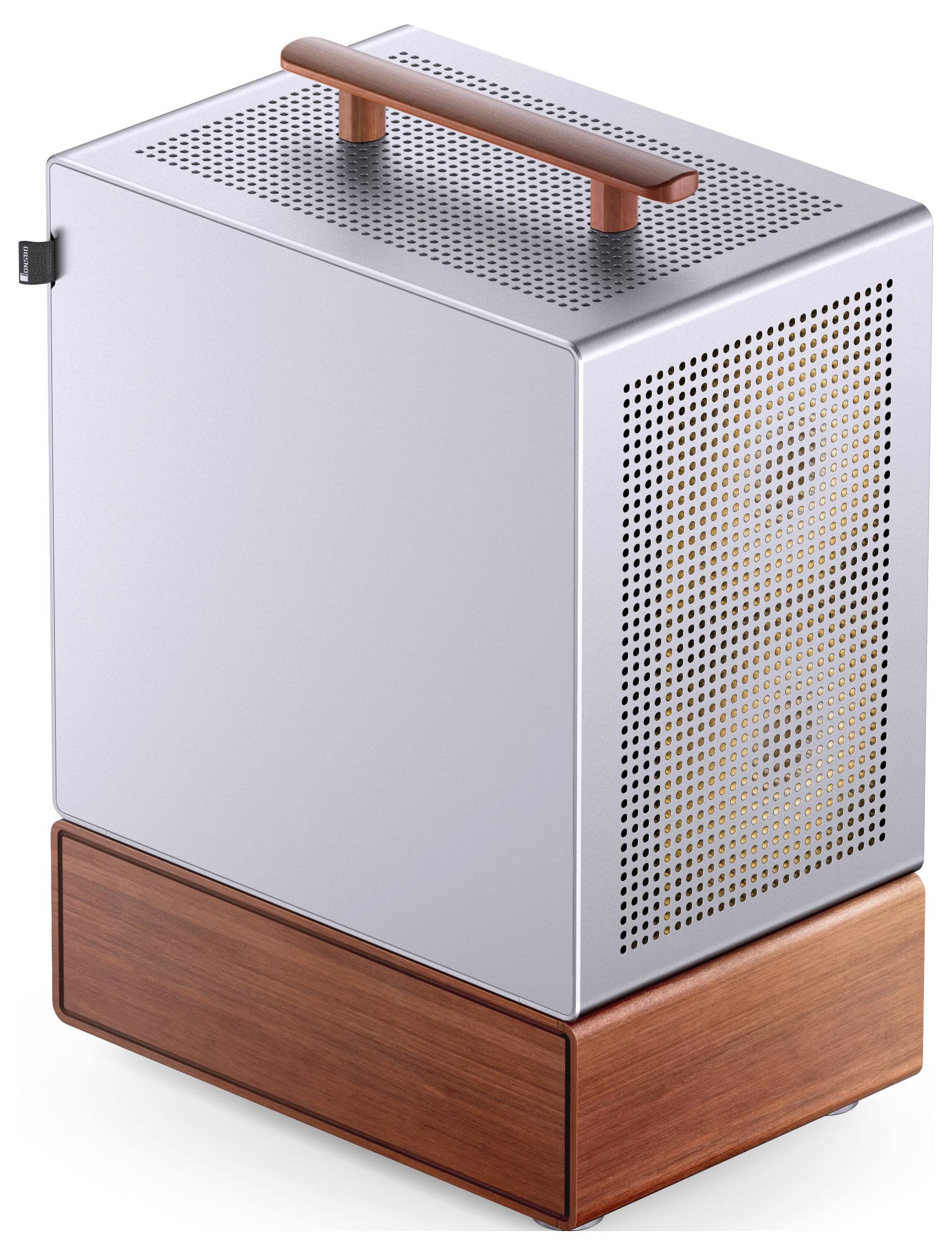 Een strakke zilveren computertoren met een houten voet en een handgreep, voorzien van ventilatieopeningen aan de zijkanten van de metalen behuizing.