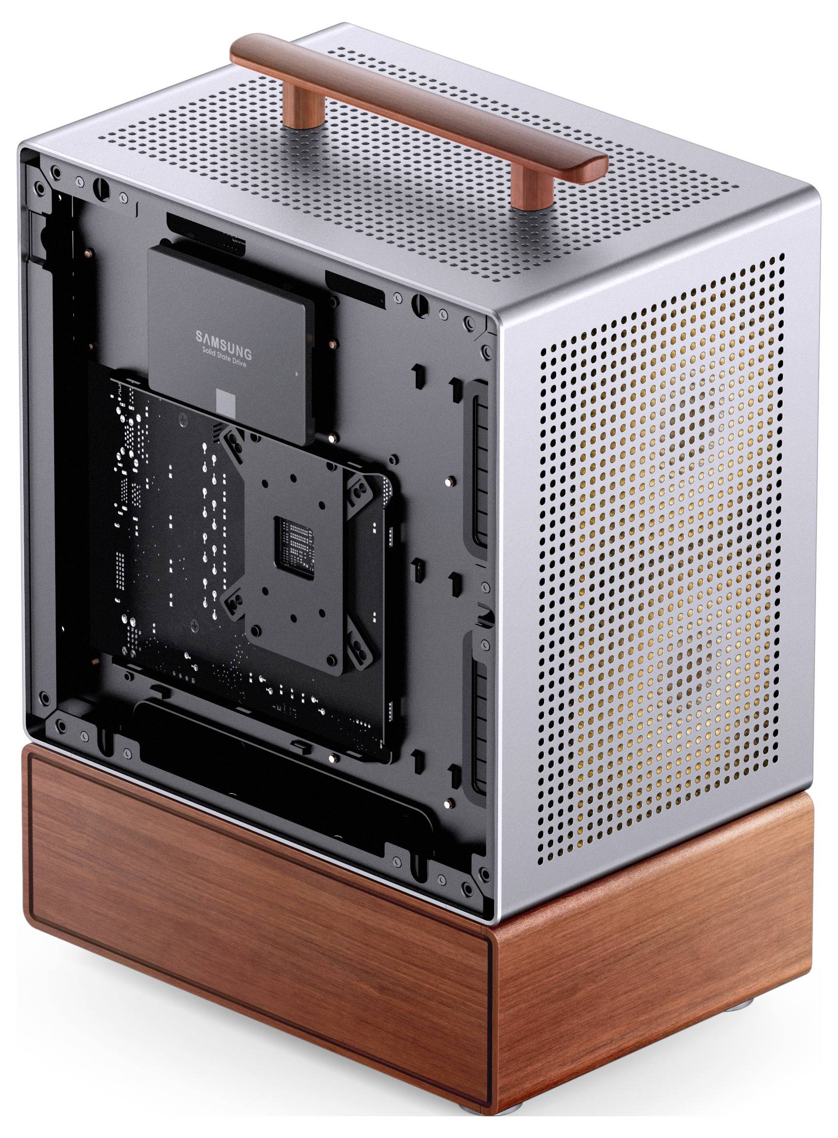 Een compacte, kubevormige computerbehuizing met een geperforeerde metalen schil, houten basis en handgreep aan de bovenkant, gedeeltelijk open om het interieur te onthullen.
