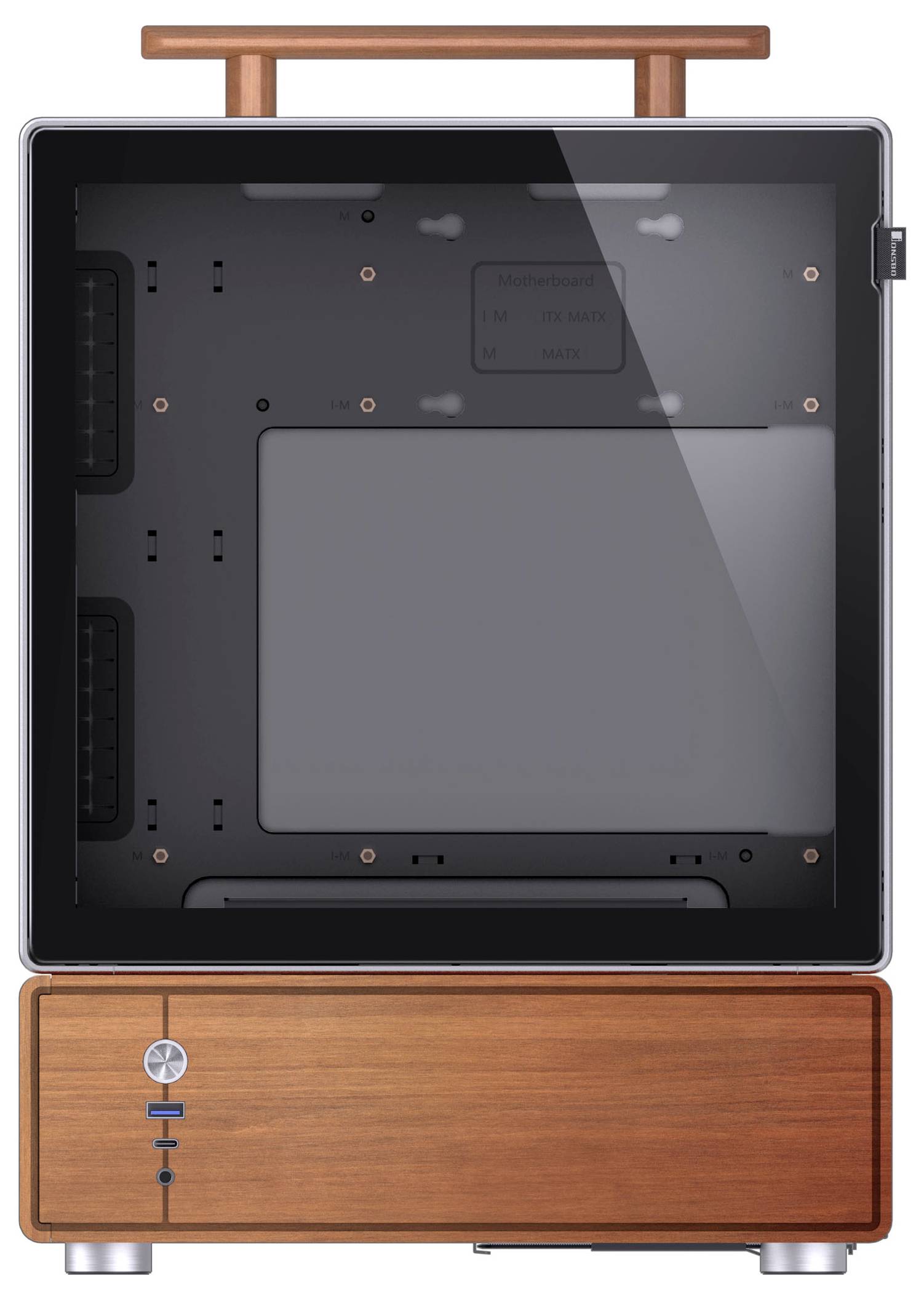 Een houten computerbehuizing met een transparant frontpaneel, waarmee de binnenindeling zichtbaar wordt. Het ontwerp combineert moderne technologie met een retro-esthetiek.