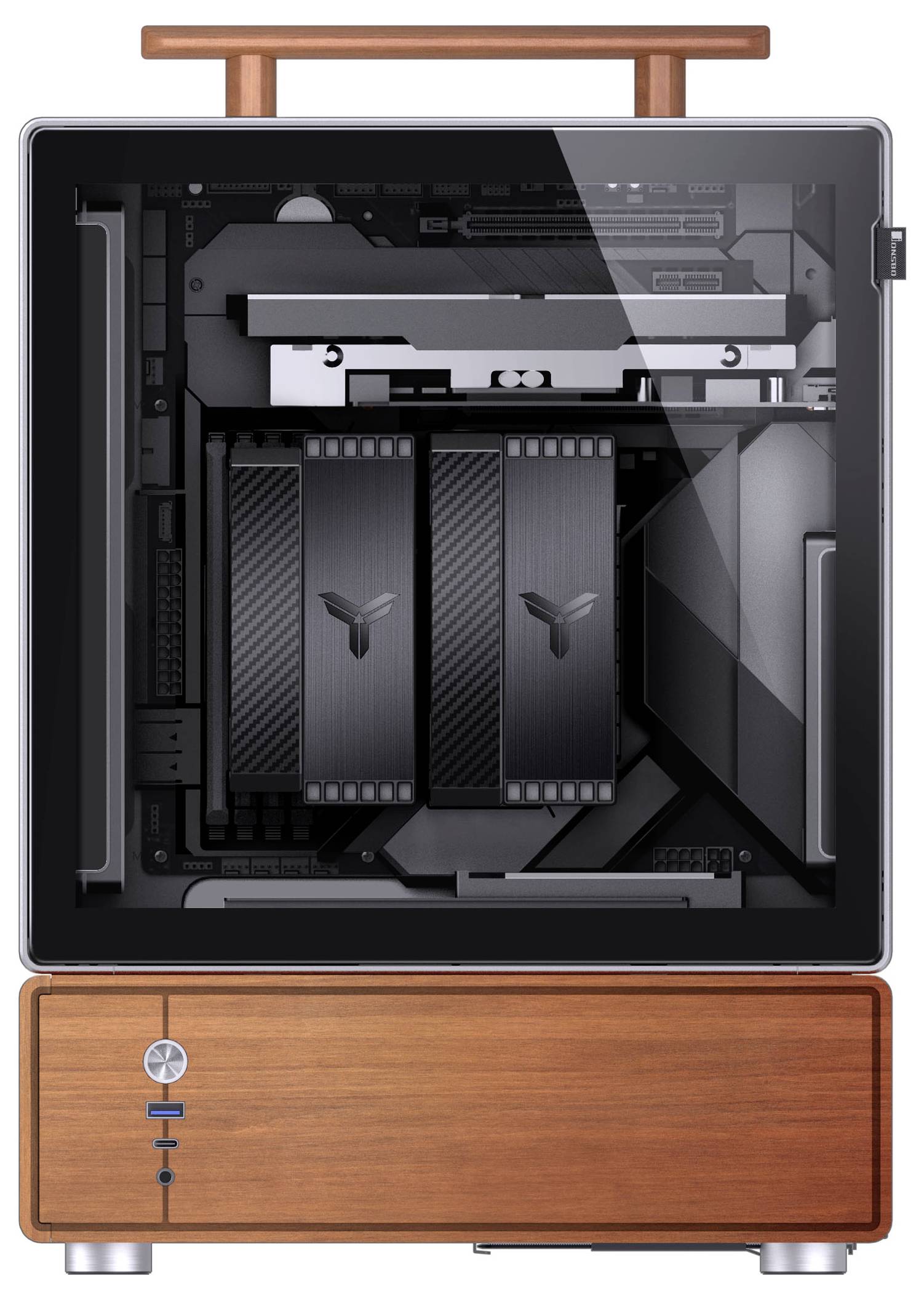 Een strak desktop-computersysteem met een houten basis, waarbij de interne componenten zichtbaar zijn door middel van een transparant glazen paneel.