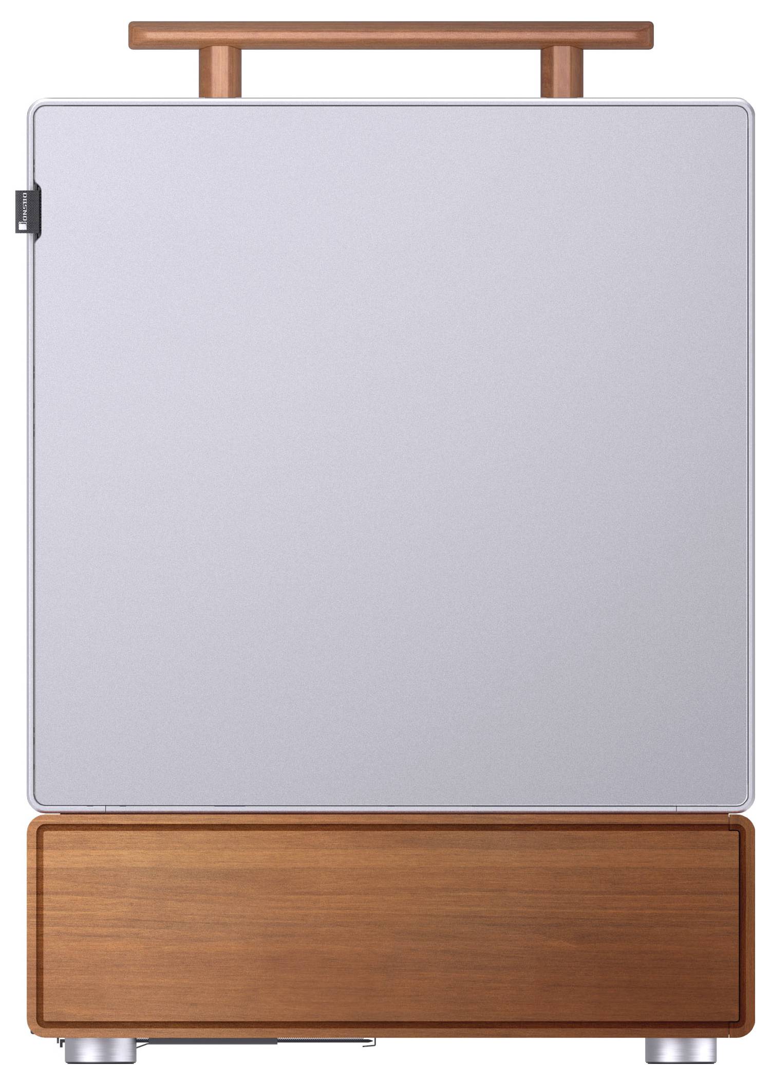 Een moderne koelkast met een houten handgreep en basis, zilveren voorpaneel, strak design en minimalistische esthetiek.