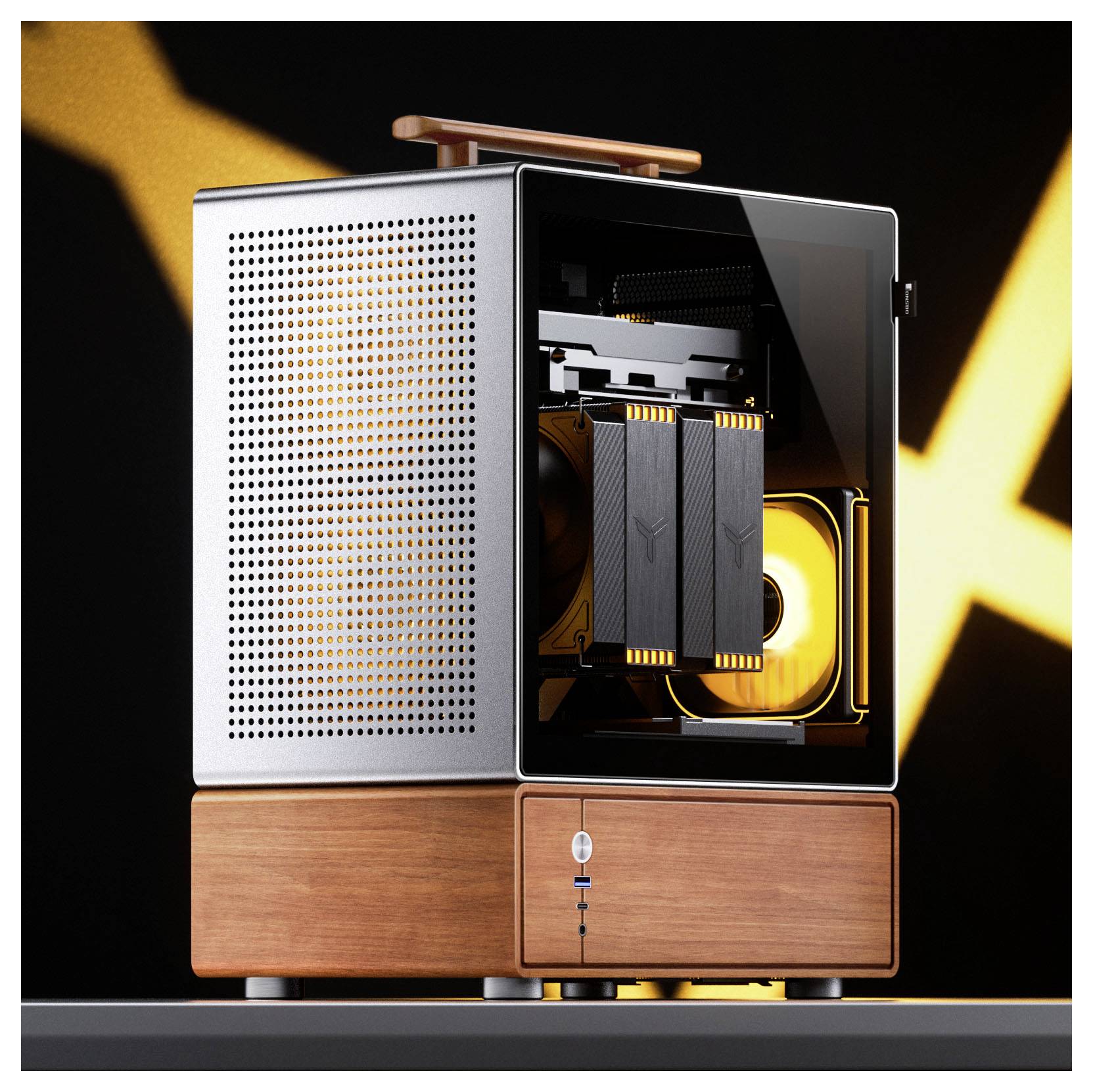 Een compacte, moderne computerbehuizing met houten voet en transparant zijpaneel, waarbij de interne componenten worden geaccentueerd door gele verlichting.
