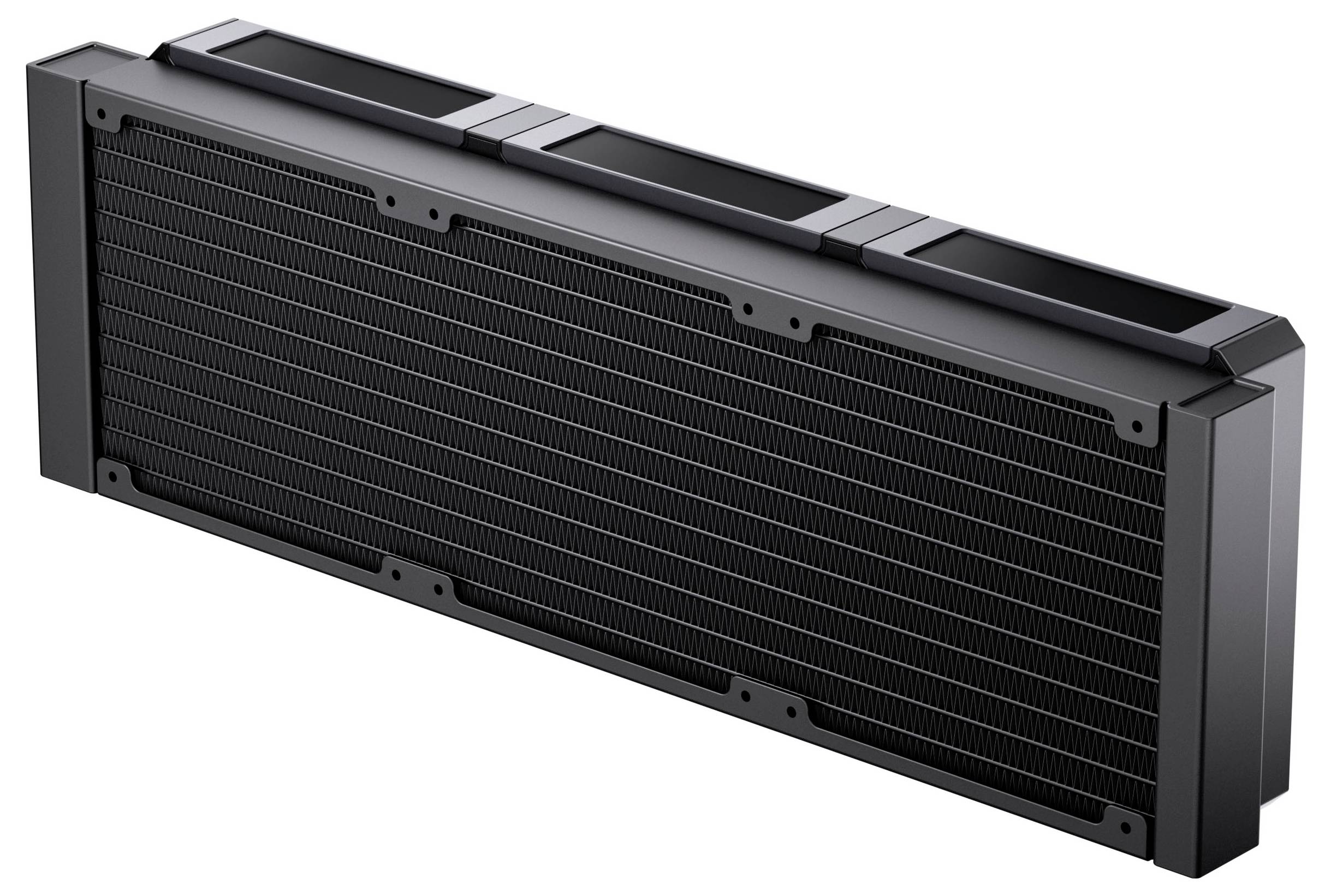 Een zwarte rechthoekige radiator ontworpen voor het koelen van pc-componenten, met een rasterpatroon en drie ventilatorsleuven aan de bovenkant.