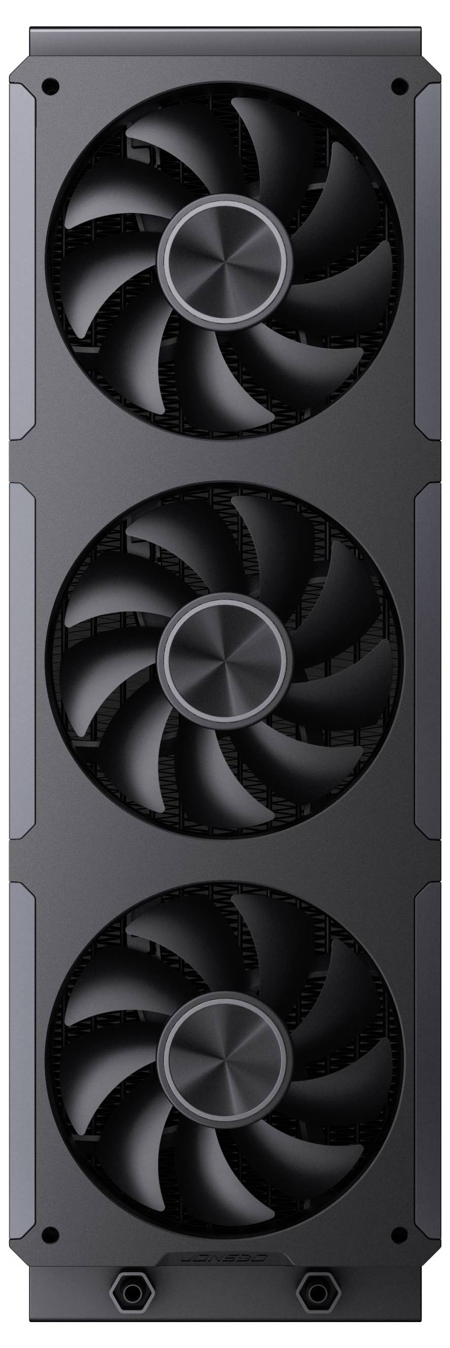 Een grafische kaart met drie grote koelfans ontworpen voor optimale warmteafvoer en prestaties bij geavanceerde computertaken.