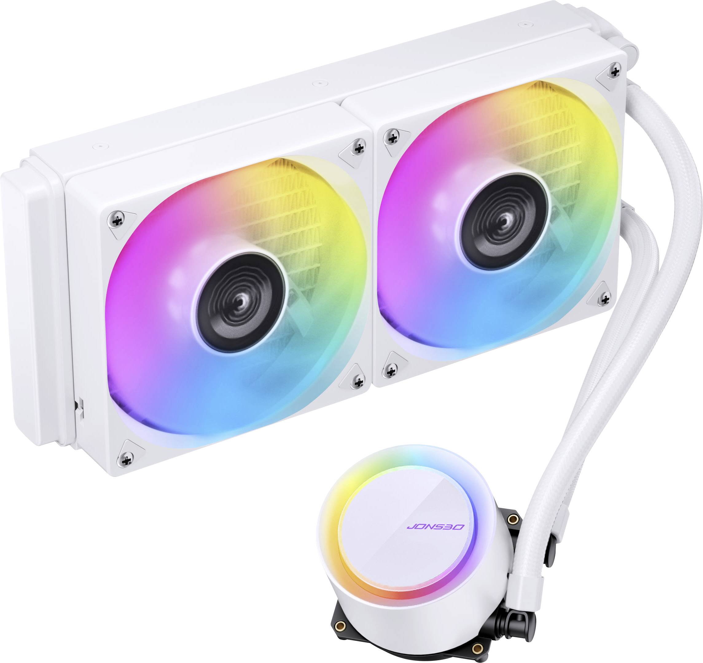 Een witte dubbele-fan computerliquidkoelsysteem met RGB-verlichting en een ronde pomp, ontworpen voor PC-temperatuurbeheer.