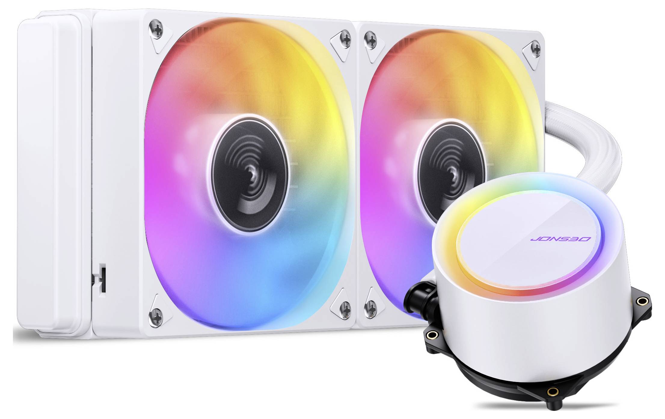 Een witte CPU-waterkoeler met twee RGB-ventilators en een ronde pomp met een RGB-verlichte bovenkant.