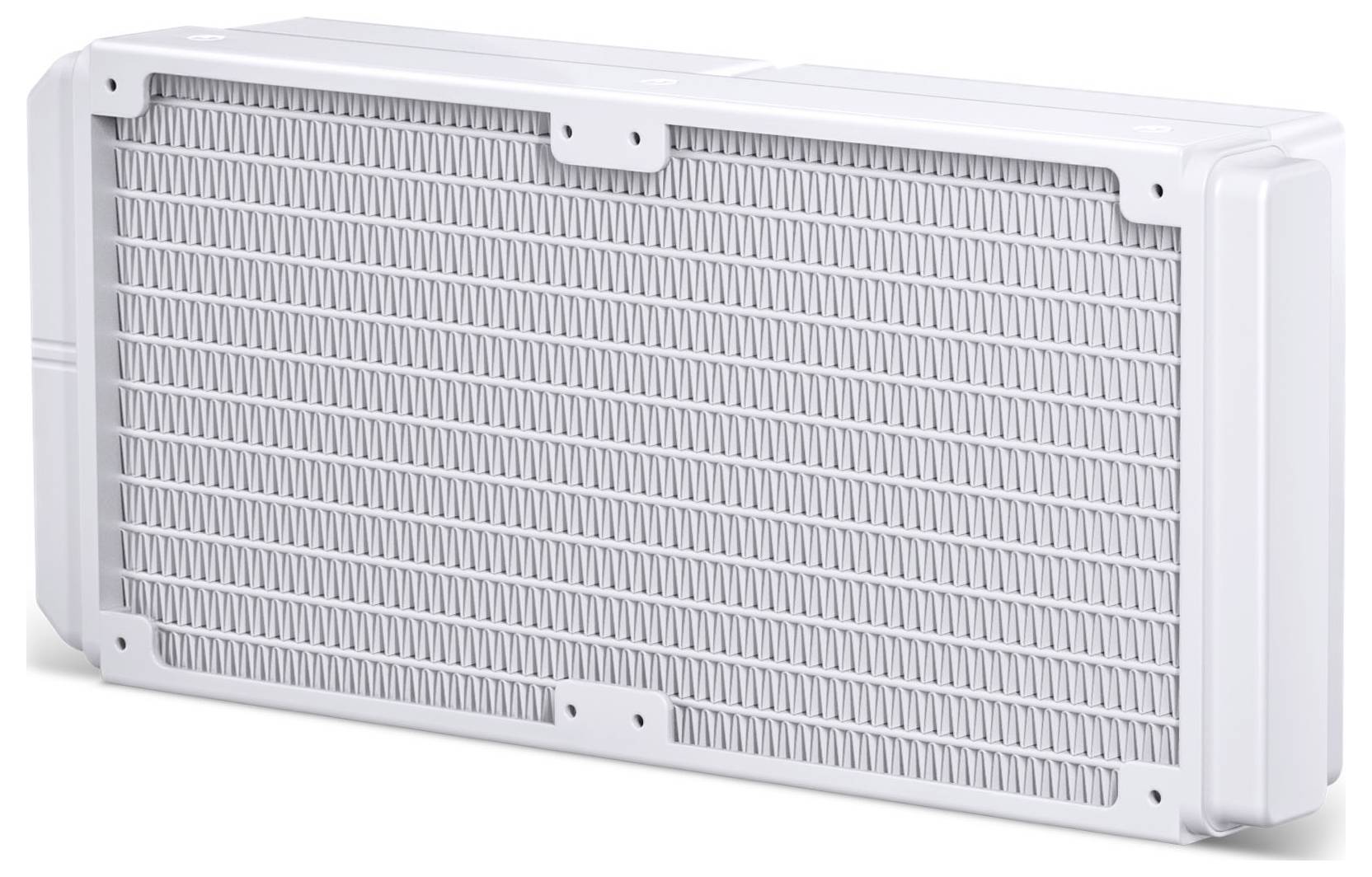 Een rechthoekige radiator met een wit frame, voorzien van gelijkmatig verdeelde ribbels en bevestigingsgaten in elke hoek, bekeken vanuit een hoek.