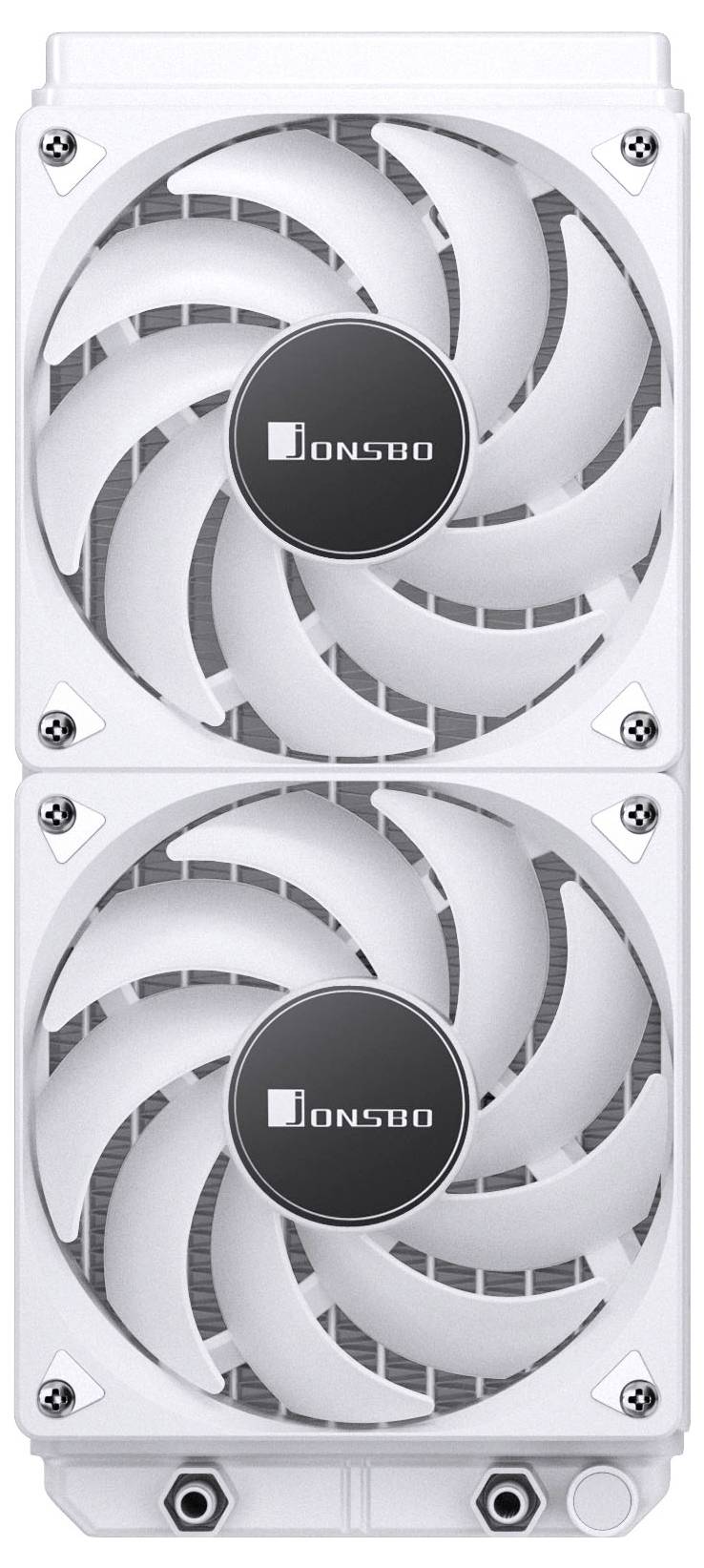 Een wit computer koelunit met twee verticaal gestapelde circulaire Jonsbo ventilatoren.