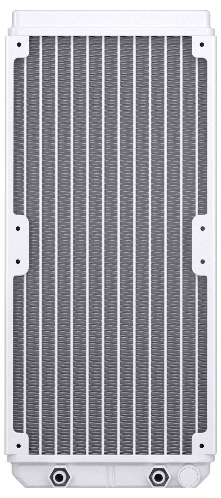 Een witte rechthoekige radiator met verticale metalen vinnen, voorzien van twee in- en uitlaatpoorten aan de onderzijde, ontworpen voor koelsystemen.