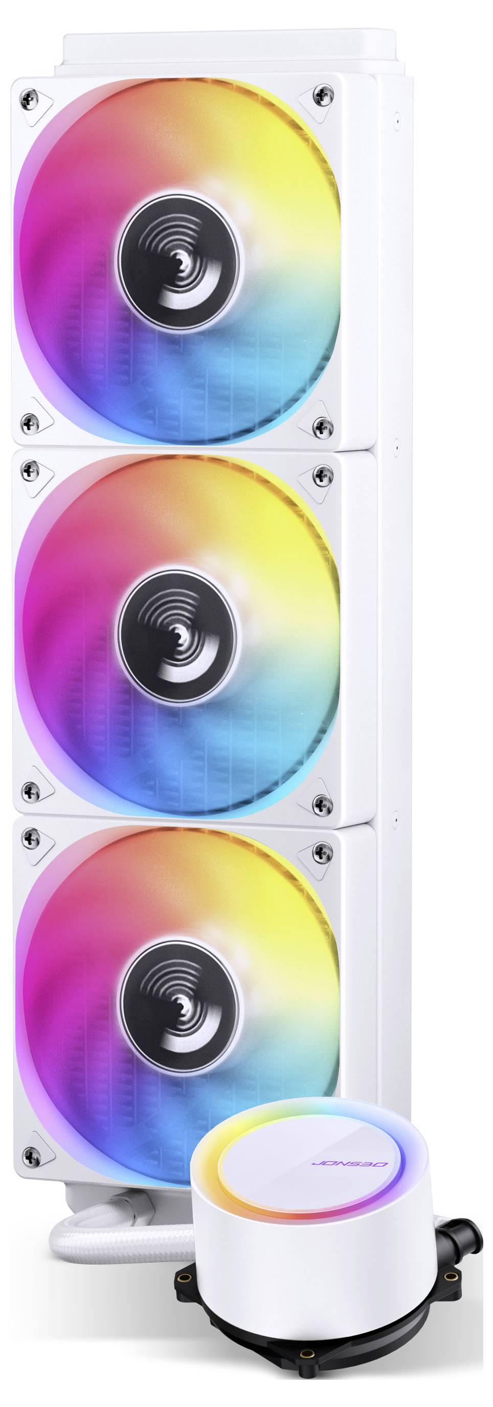 'Een witte computerkoelventilator-opstelling met drie verticaal gestapelde gekleurde RGB-ventilatoren en een compacte cilindrische controle-eenheid.'