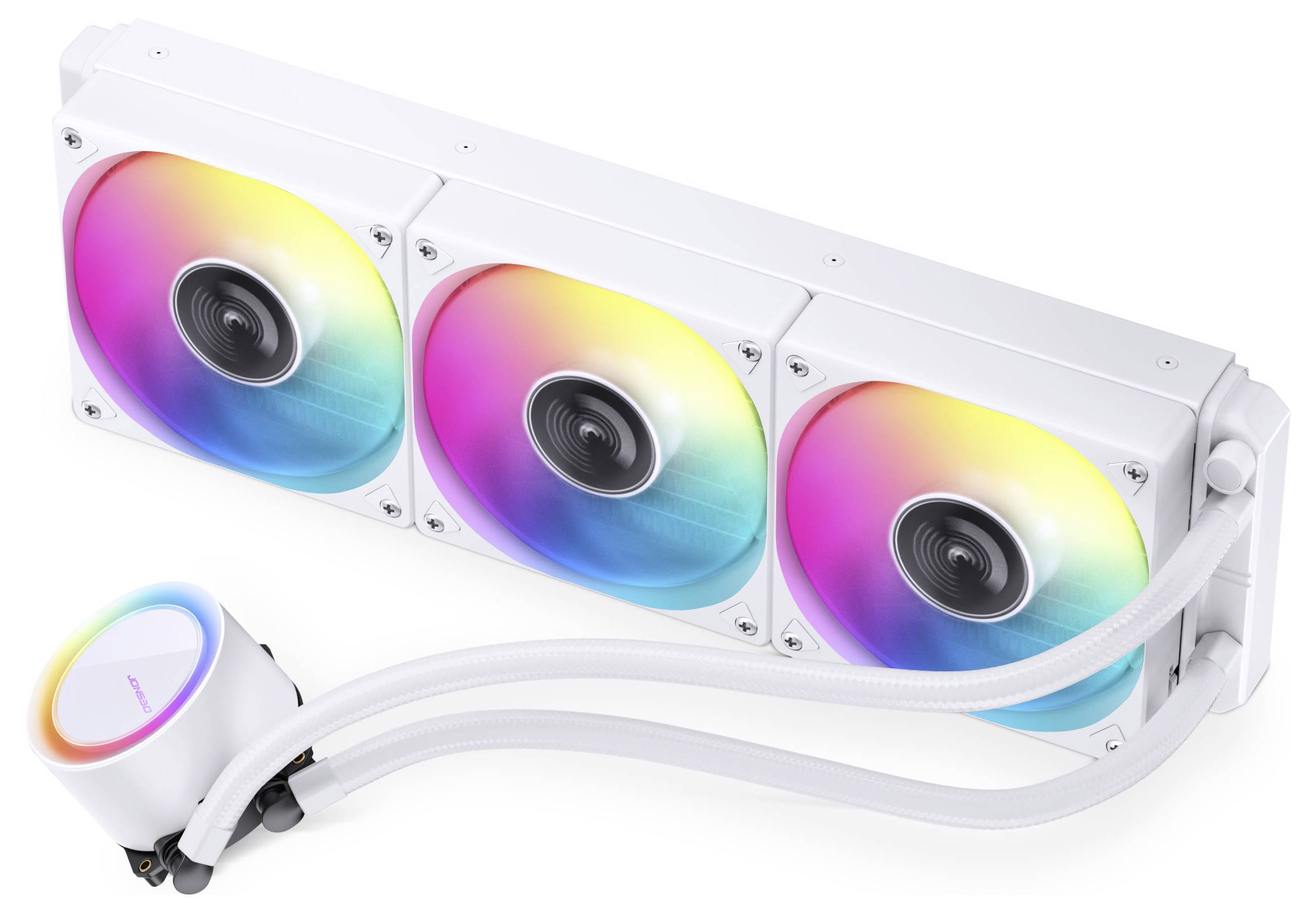 'Een wit vloeiistofkoelsysteem met drie RGB-verlichte ventilatoren en buizen, typisch gebruikt voor computerprocessoren voor verbeterde warmteafvoer.'