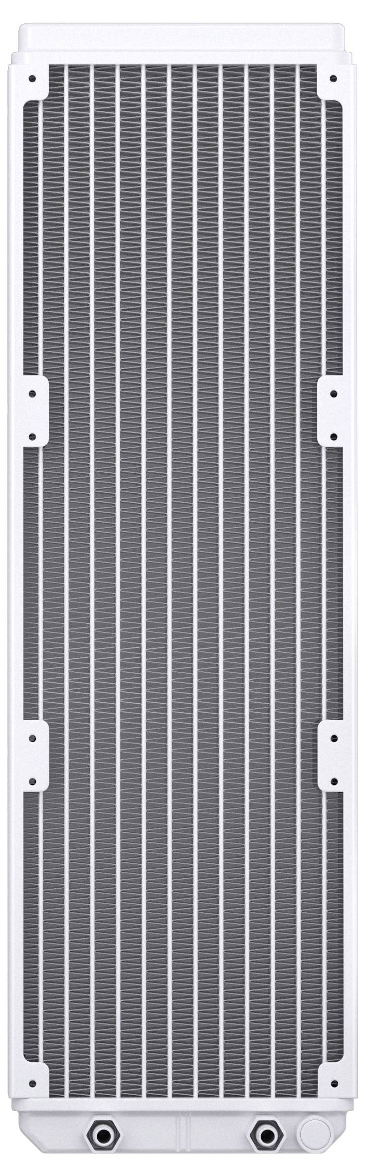 Een computerkoelradiator met een rooster van metalen vinnen, ontworpen om warmte efficiënt af te voeren. Rechthoekige vorm met twee pijpaansluitingen.