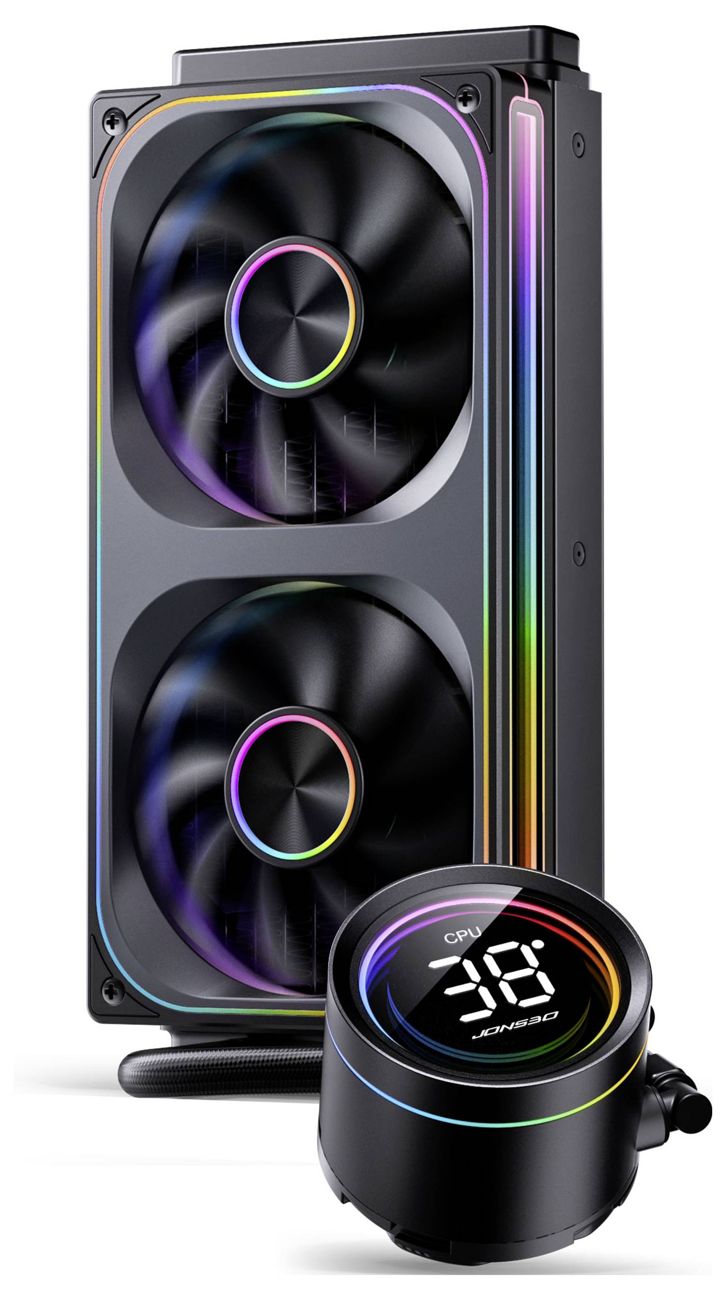 Een zwarte CPU-koeler met RGB-verlichting, voorzien van een radiator met dubbele ventilator en een digitaal display op de pomp dat '36°C' weergeeft.