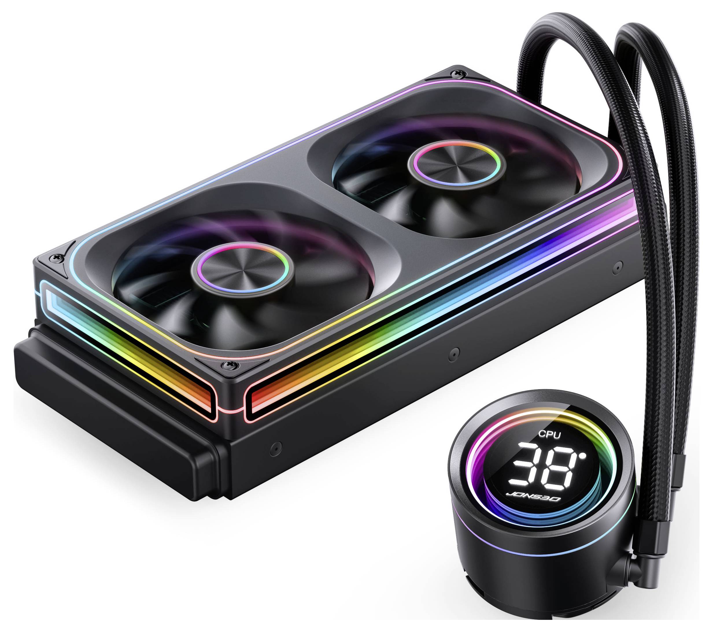 'AIO-vloeistofkoeler voor CPU met twee RGB-ventilators en een digitaal display dat de CPU-temperatuur op 30 graden Celsius toont.'