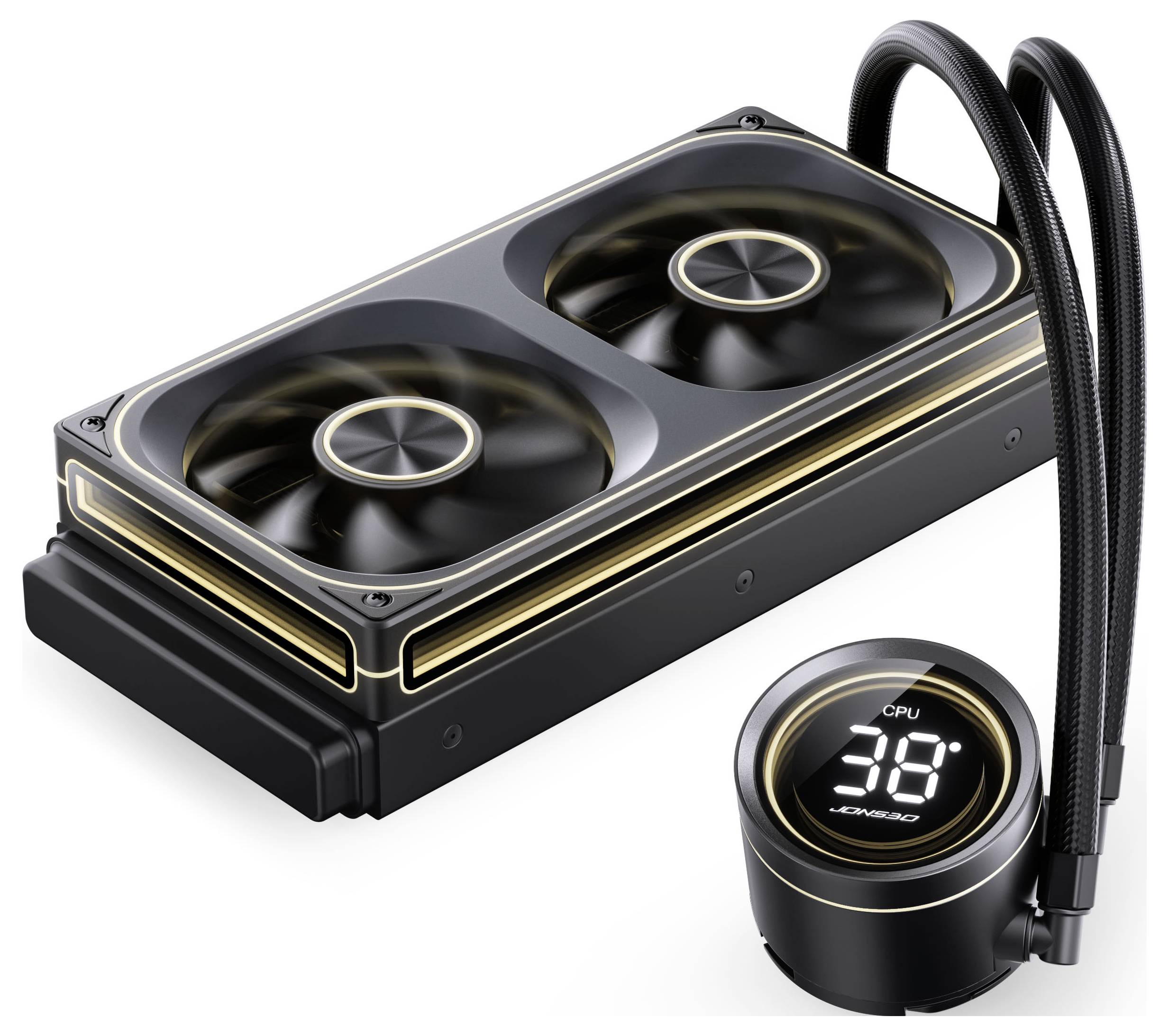 Een zwarte en gouden computer vloeistofkoeler met twee ventilatoren en een rond display waarop 'CPU 30°' staat weergegeven.