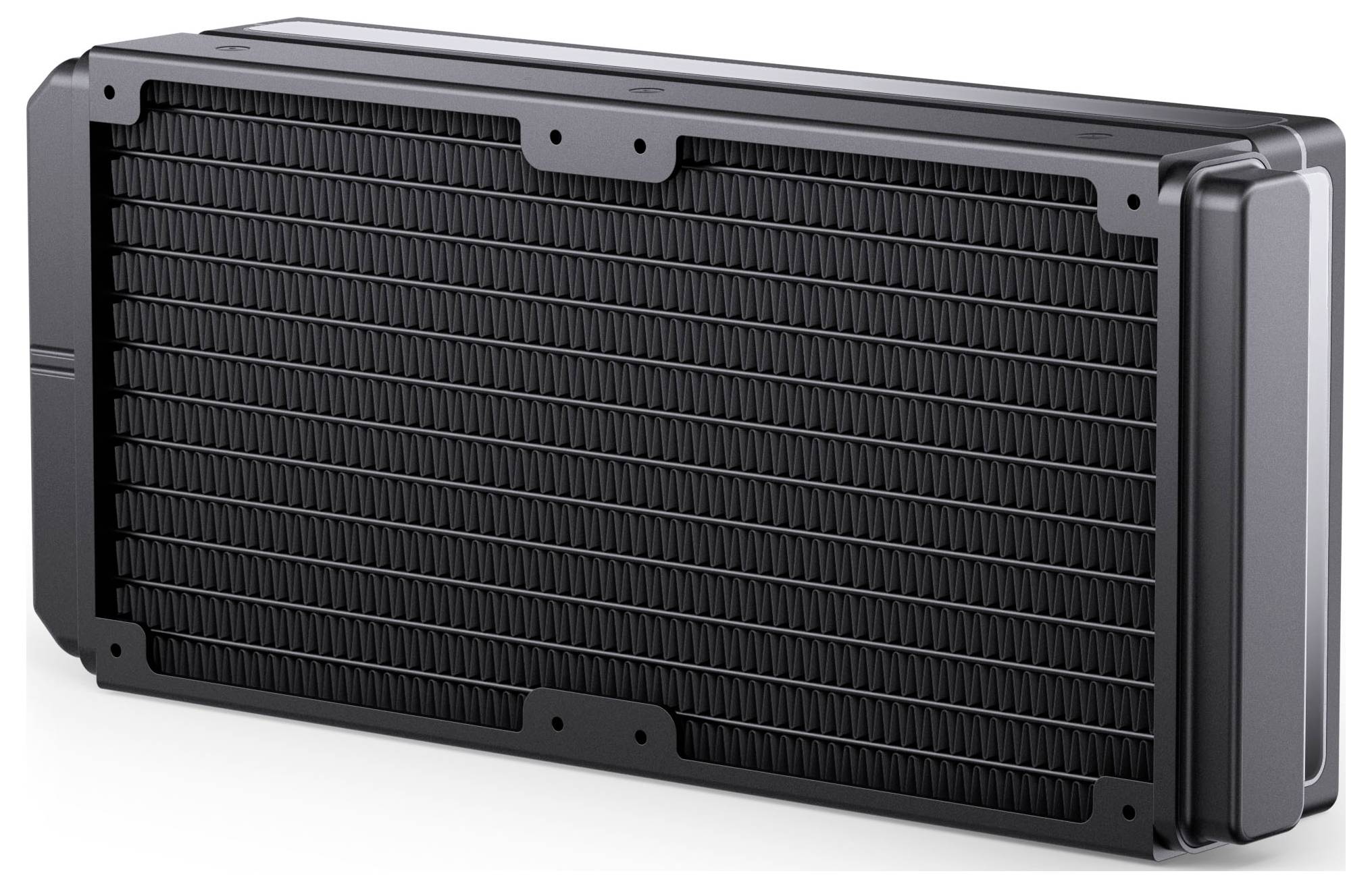 Een grote zwarte rechthoekige radiator, waarschijnlijk voor een computerkoelingssysteem, met een rooster van dunne metalen vinnen voor warmteafvoer.