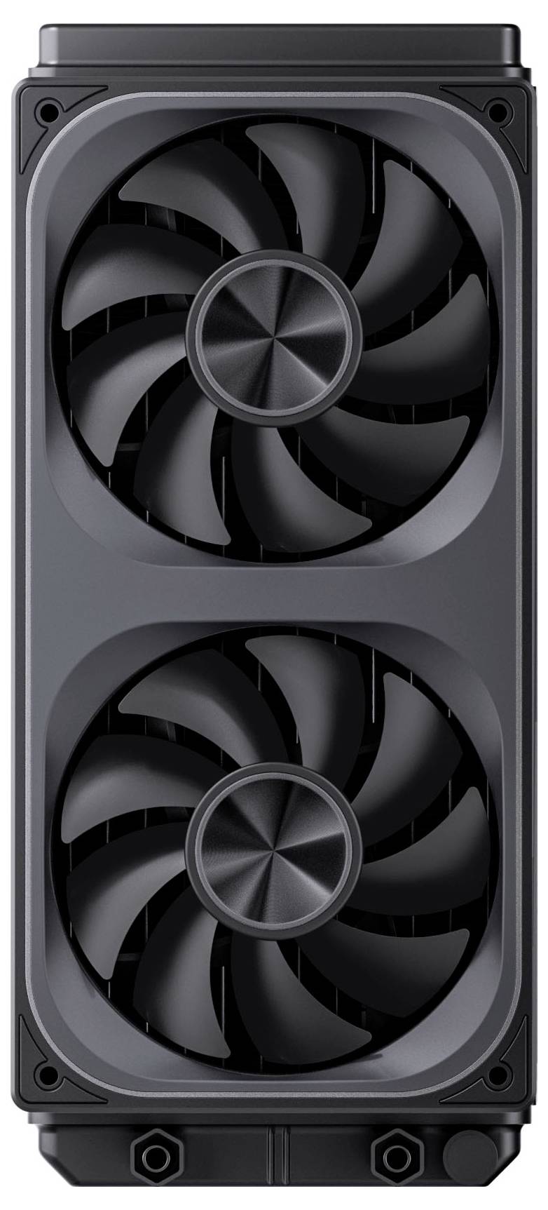 Een zwarte computervideokaart met twee grote koelventilators, ontworpen voor high-performance gaming of professionele grafische taken.