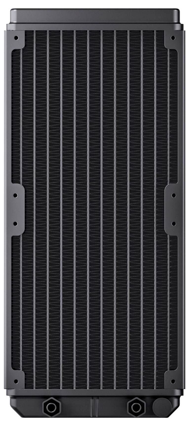 Een verticaal aanzicht van een zwarte computer koelradiator met een rasterpatroon, met twee montagegaten onderaan voor installatie.