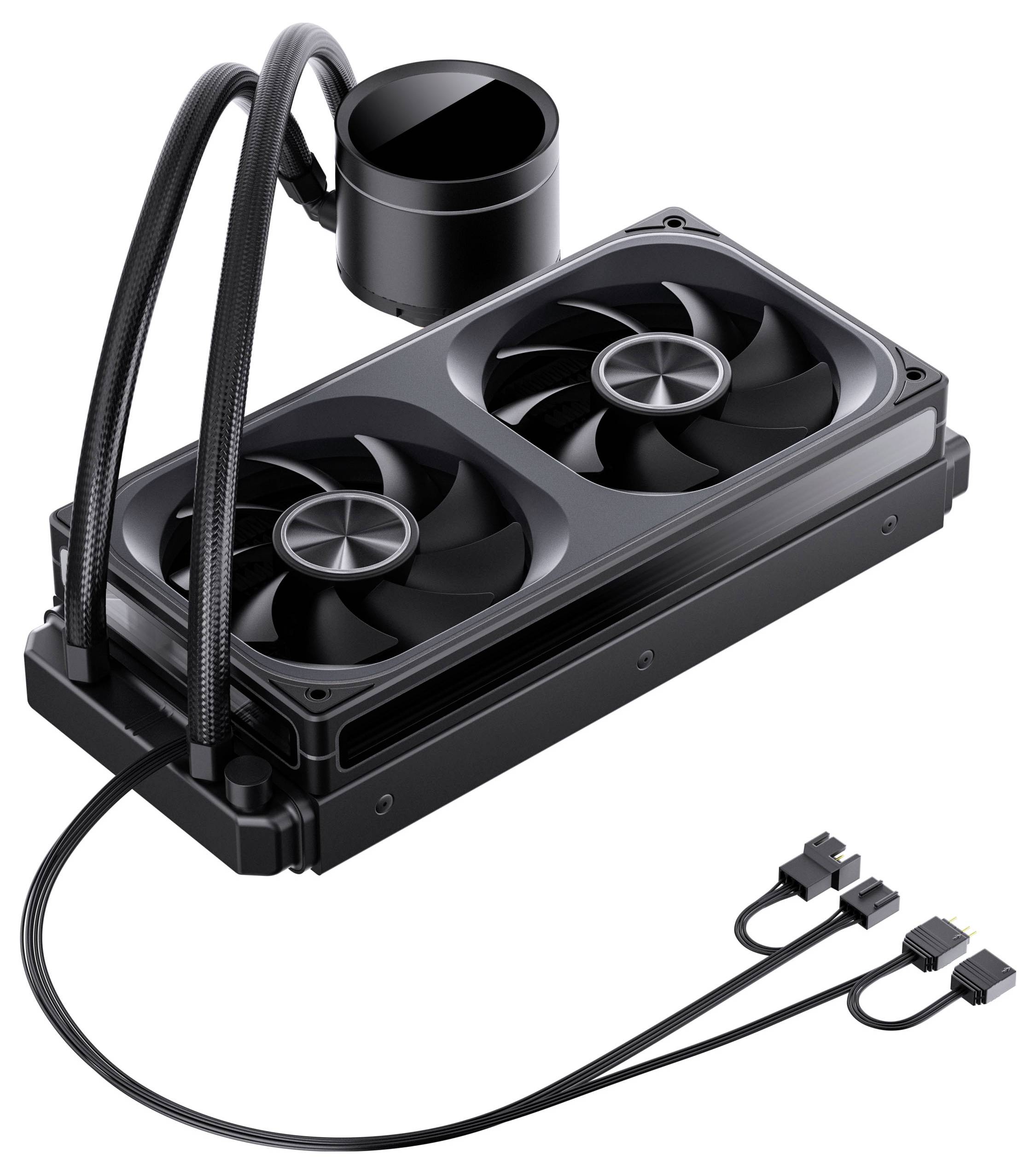 Een CPU-vloeistofkoelsysteem met een zwarte radiatordubbelventilator en een circulaire pomp, ontworpen om warmte af te voeren, met aangesloten kabels.