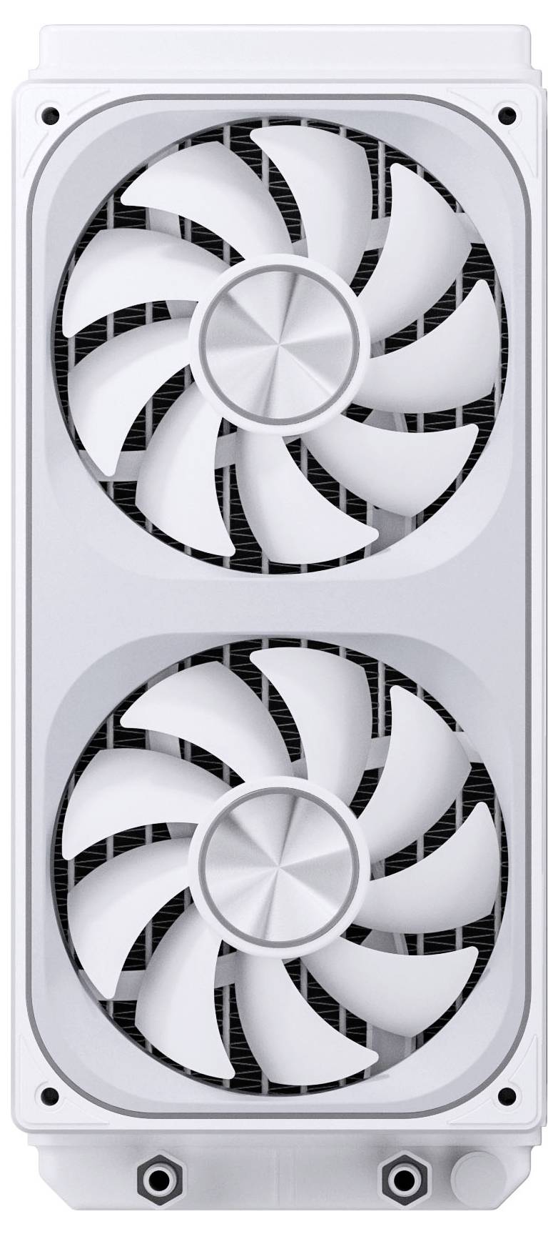 Een witte computervideokaart met twee grote koelventilatoren aan de voorkant. De ventilatoren zijn ondergebracht in een slanke rechthoekige behuizing.