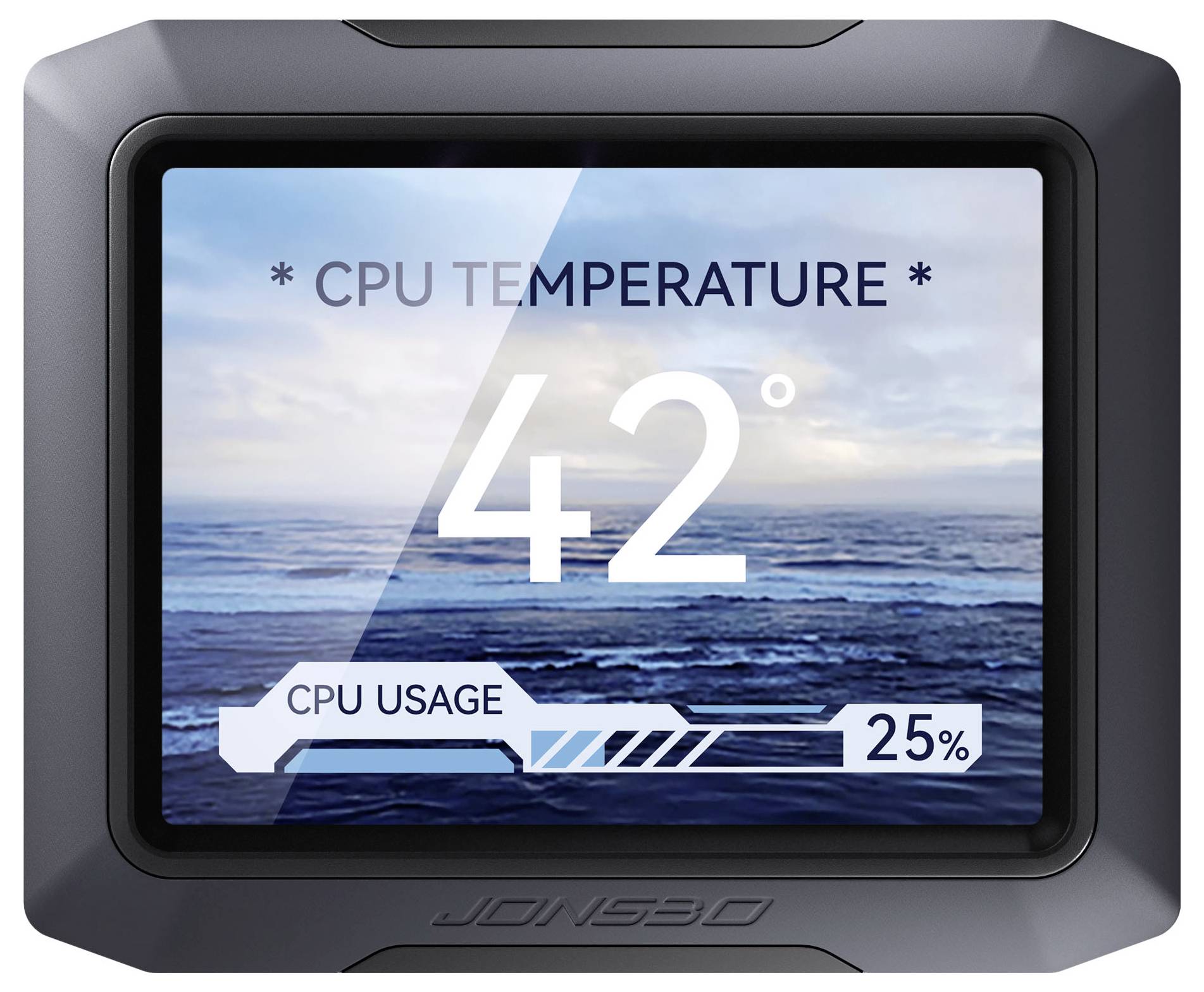 Apparaatscherm met 'CPU-temperatuur' op 42 graden en 'CPU-gebruik' op 25%, ingesteld tegen een oceaanachtergrond.
