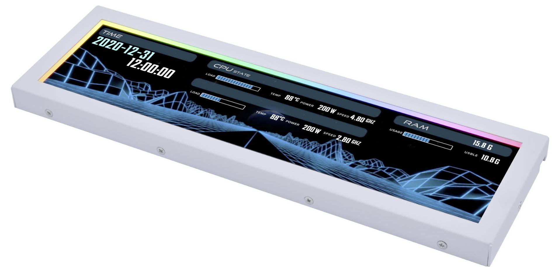 Een digitaal display toont de huidige datum, tijd, CPU- en RAM-gebruik met gestileerde afbeeldingen.