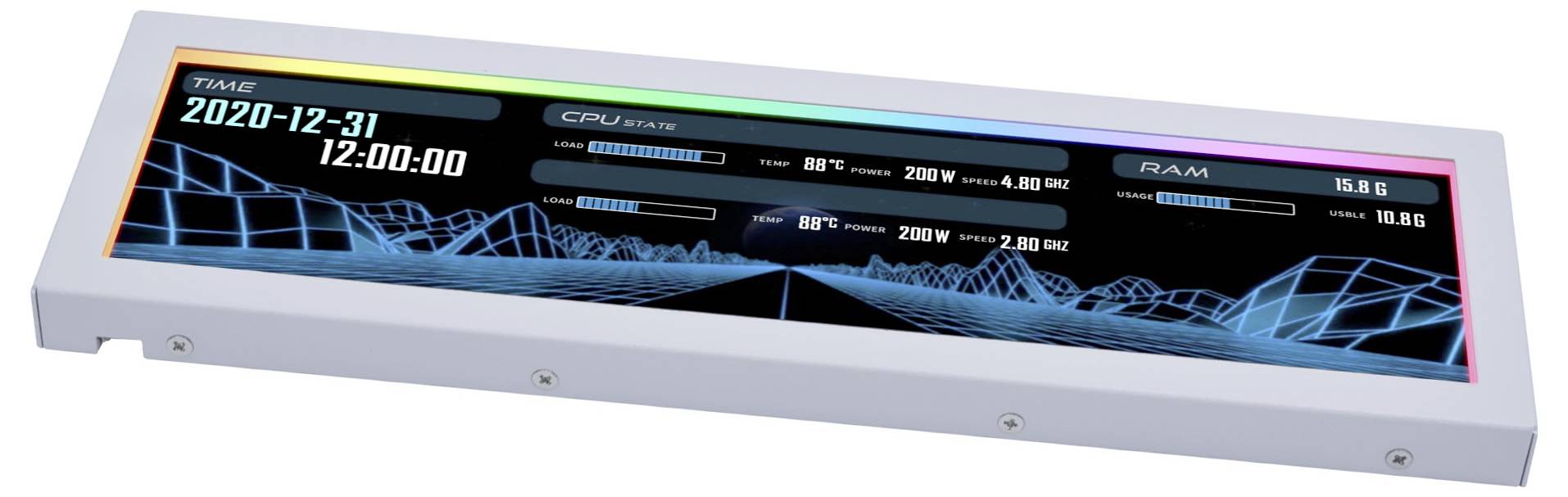 Een slanke, rechthoekige LED-display toont een futuristische interface met de datum '2020-12-31', tijd '12:00:00' en real-time CPU- en RAM-statistieken.