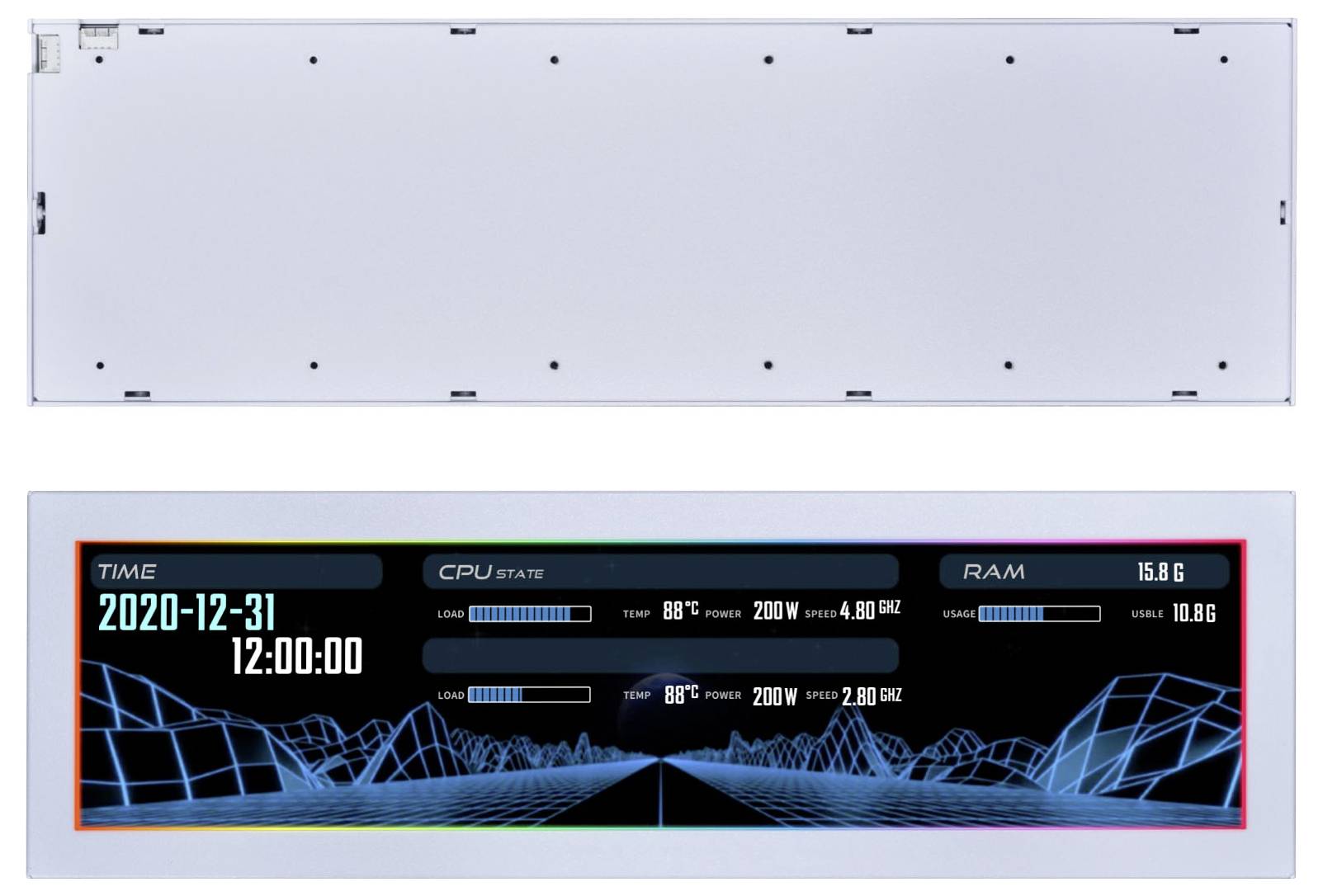 Twee panelen: Bovenpaneel is leeg; Onderpaneel toont een digitaal dashboard met 'TIME 2020-12-31 12:00:00' en CPU/RAM-gebruiksstatistieken op een futuristisch raster.