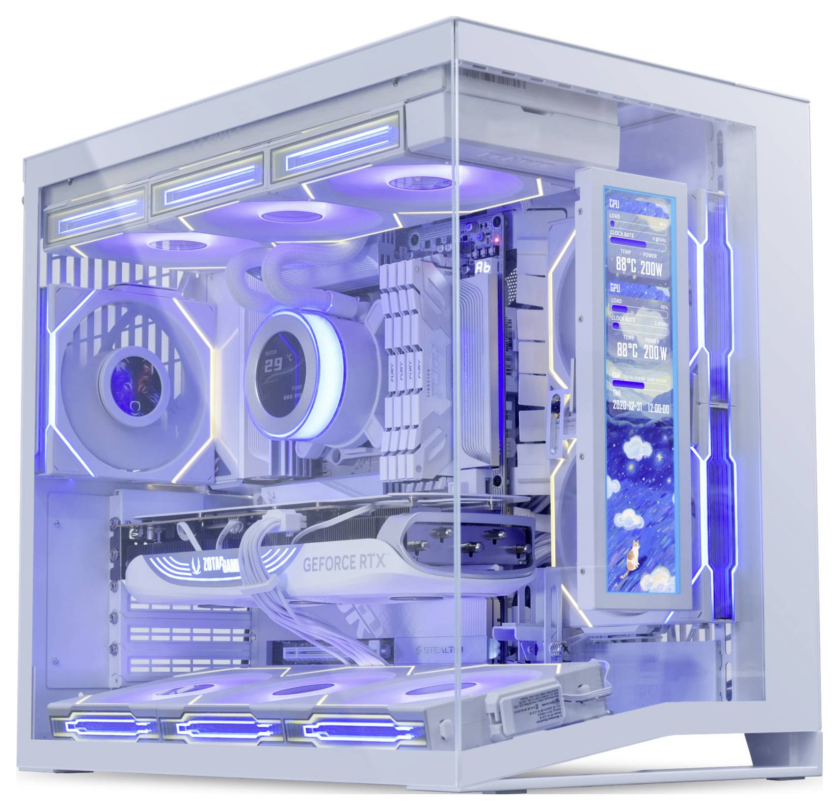 Een witte gaming-pc met transparante zijkanten toont gloeiende blauwe LED-lampen, met intern componenten en een scherm dat de systeemstatus controleert.