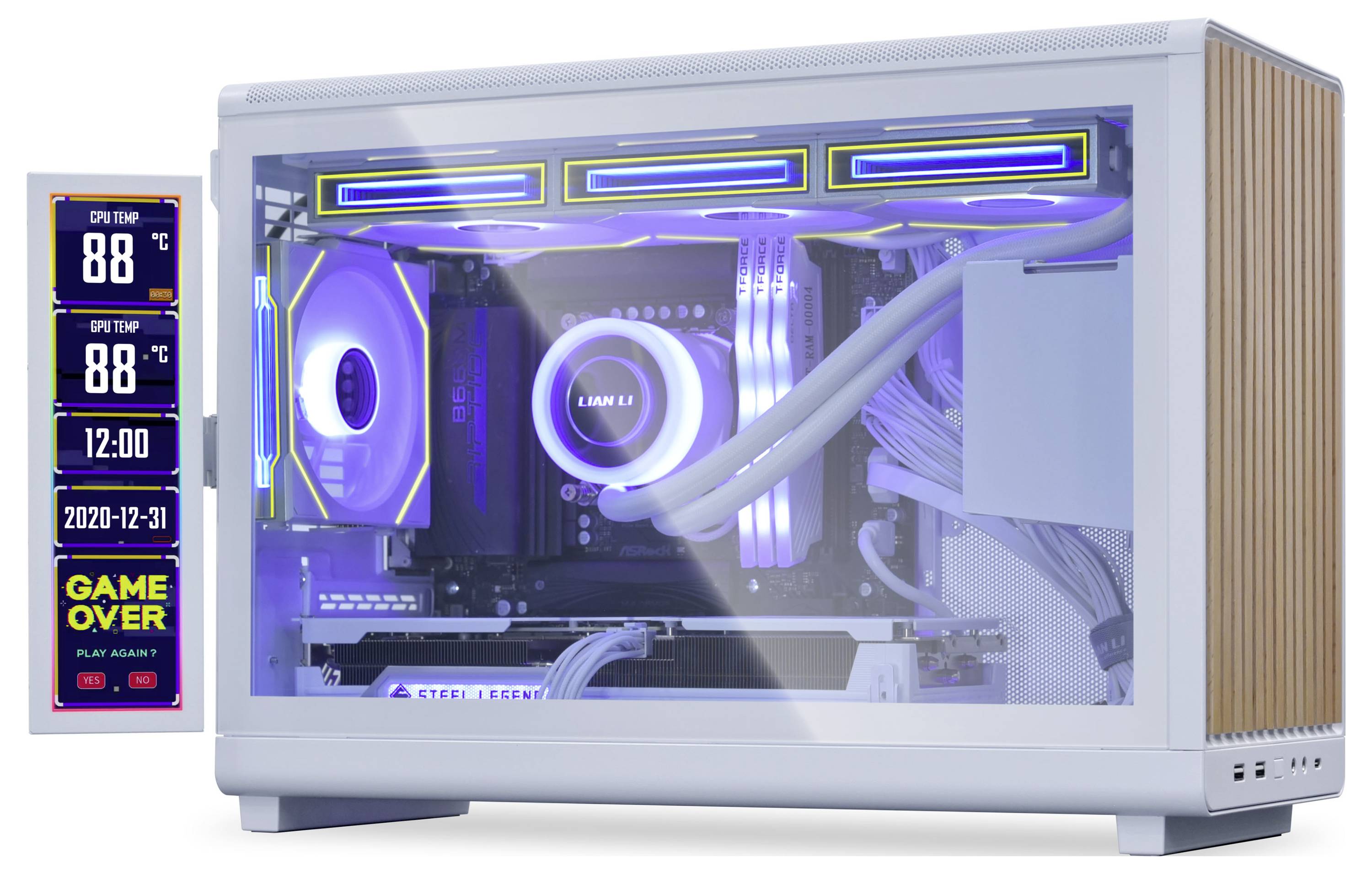 Een slanke, witte gaming-pc met LED-verlichting en zichtbare interne componenten. Het zijpaneel toont temperatuur en datum: '88°C', '2020-12-31'.