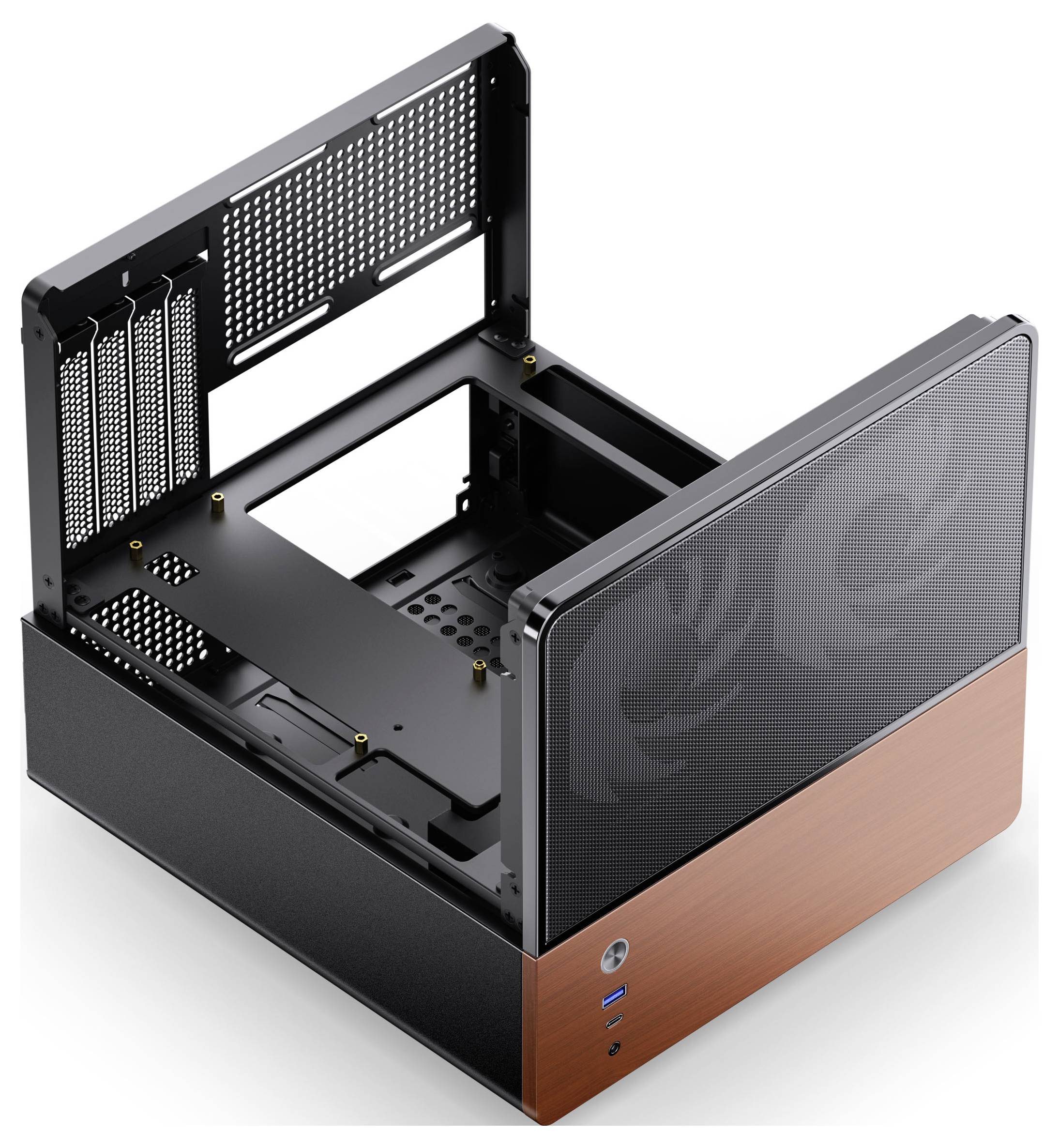 Een desktopcomputerkast met open bovenkant waarin de binnenstructuur en moederbordmontageplaatsen zichtbaar zijn. Het frontpaneel heeft een houten afwerking en twee USB-poorten.