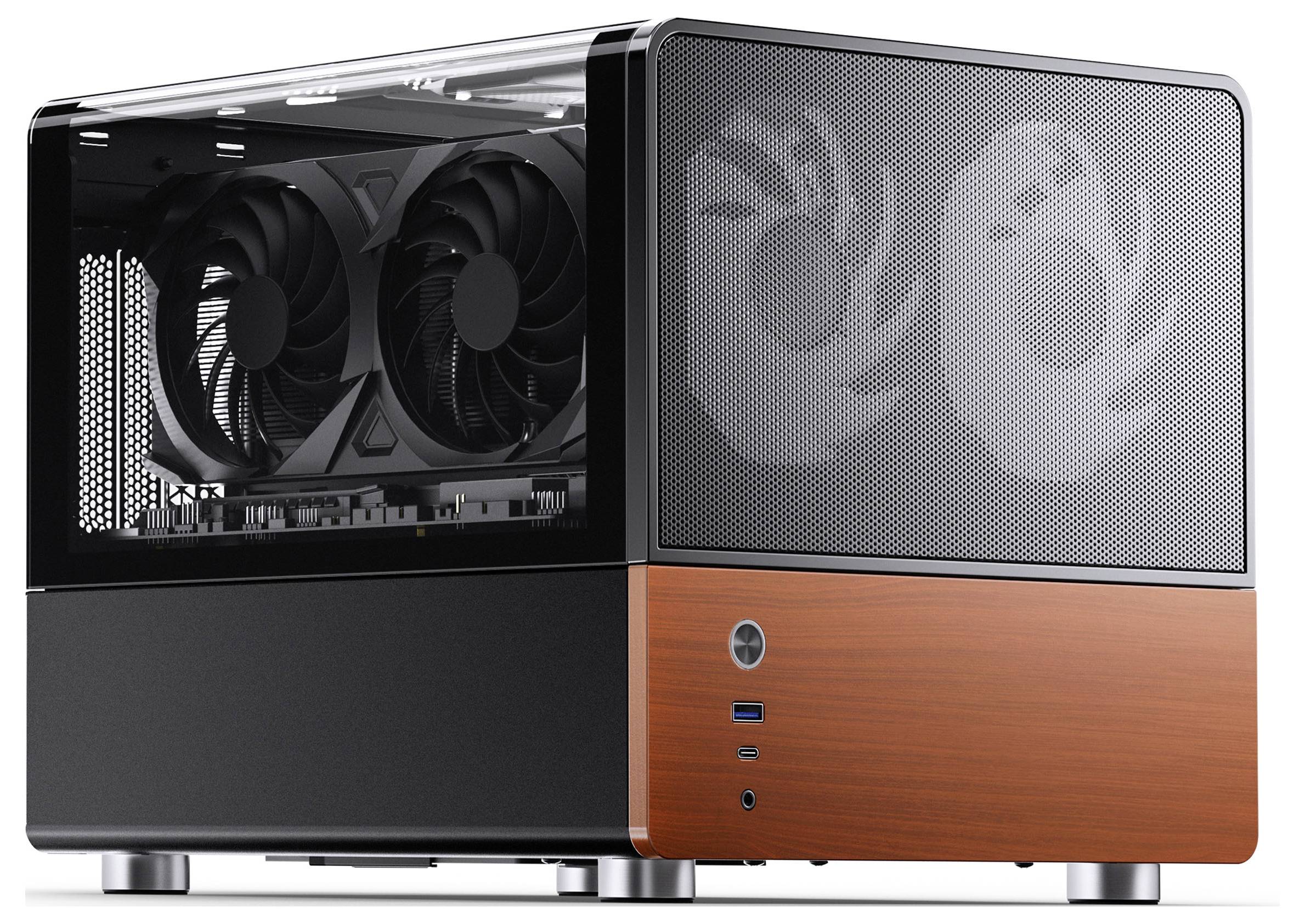 Een compacte, moderne computerbehuizing voor het bureau met transparante zijpaneel en opvallende koelventilators, met een gestroomlijnd zwart-en-houten afwerking.