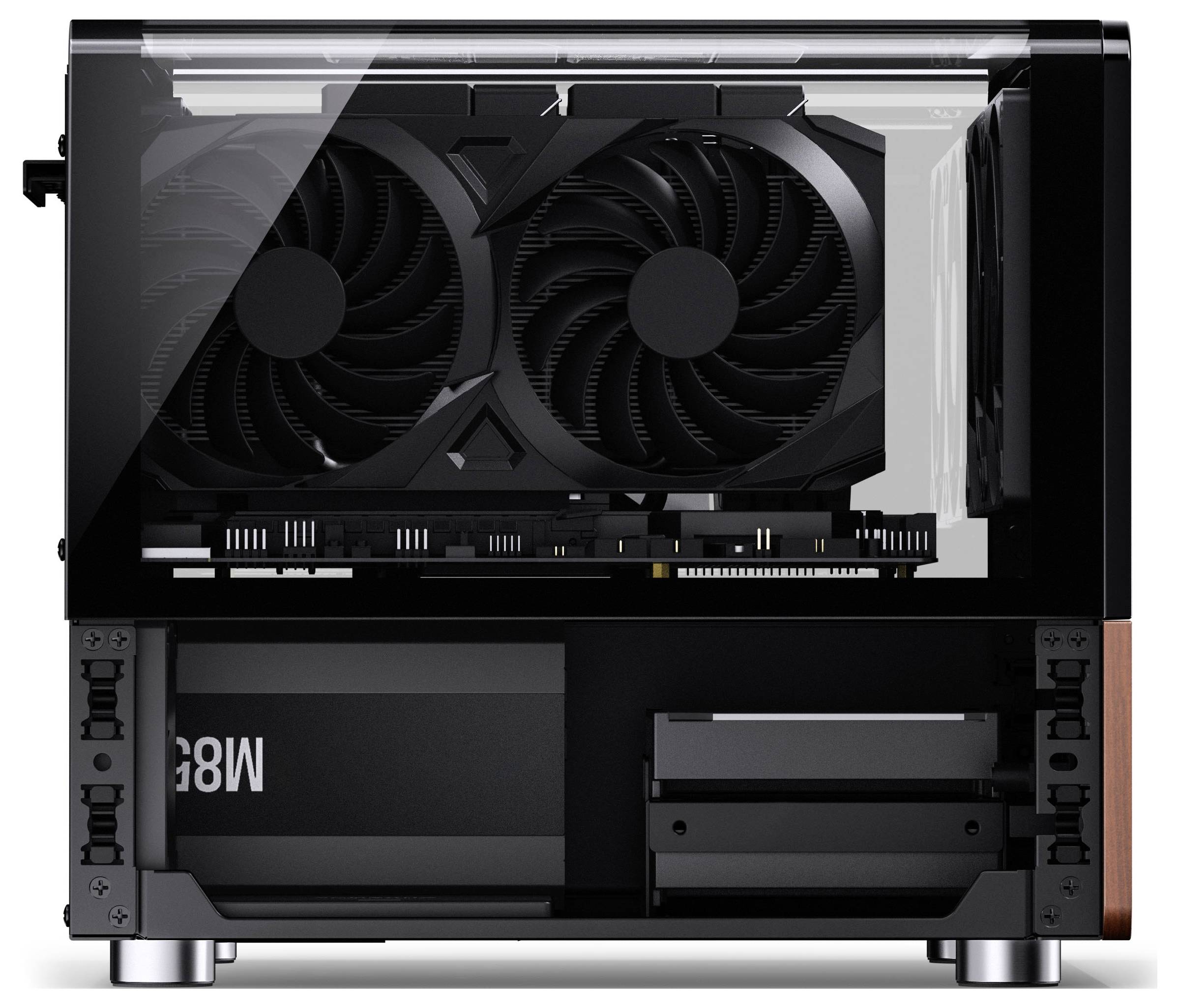 Een compact computerbehuizing die een dual-fan grafische kaart en voeding erin geïnstalleerd toont, gezien vanuit de zijkant met een doorzichtig paneel.