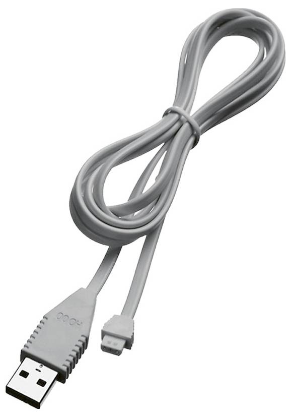Een grijze USB naar Micro USB-kabel met een standaard USB-aansluiting aan de ene kant en een micro USB-stekker aan de andere kant, gebruikt voor gegevensoverdracht of opladen.