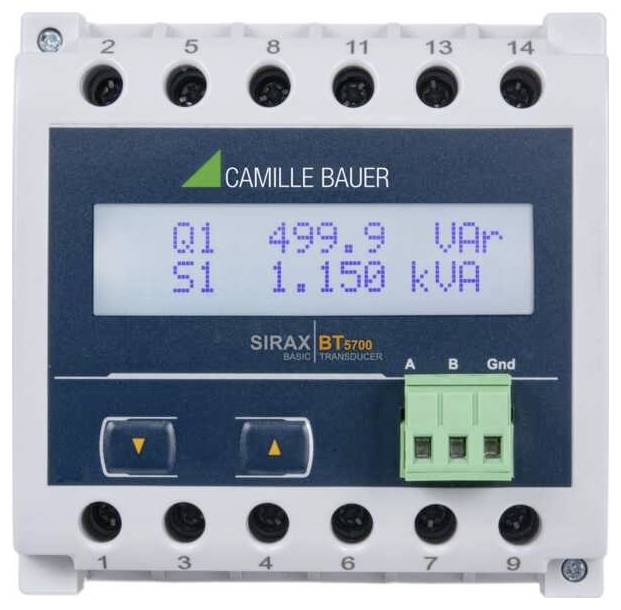 'Camille Bauer' elektrische meetinstrument met weergave 'Q1 499,9 VAR, S1 1,150 KVA,' met aansluitklemmen eronder.
