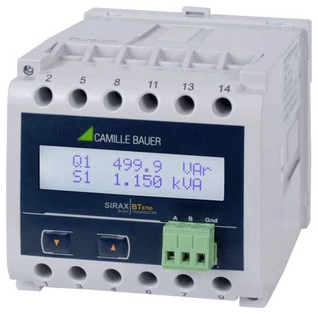 Elektrisch apparaat dat aflezingen weergeeft 'Q1 499,9 VAr' en 'S1 1,150 kVA'. Model: SIRAX BT5700 van Camille Bauer.