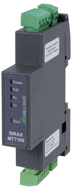 'SIRAX MT7100' industriële module met indicatorlampjes voor voeding, storing, Rx, Tx, dout; gelabeld met het Camille Bauer merk.