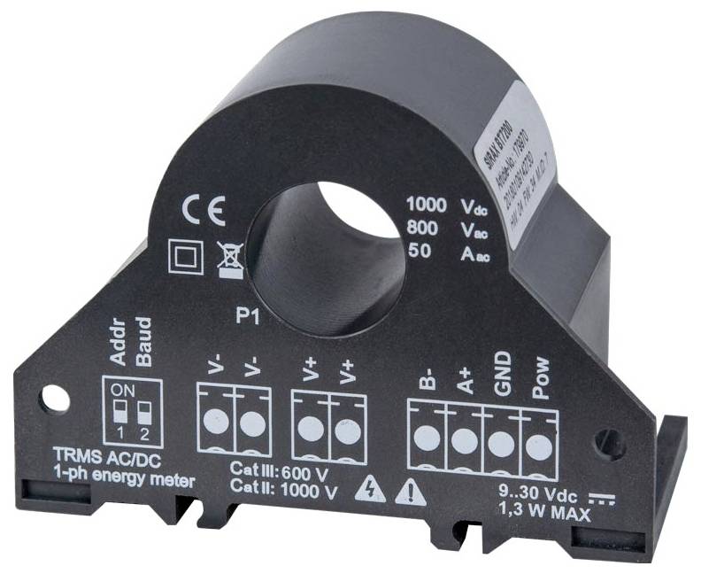Een elektrische component gemerkt als 'TRMS AC/DC 1-fase energiemeter' met aansluitklemmen voor spanning- en stroominvoer, geaard bij GND.