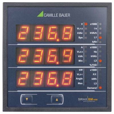 Digitaal paneel display met elektrische metingen: bovenste rij '236,8', midden '236,9', onderste rij '236,8'. Labels zijn 'V', 'kW', 'Hz'.