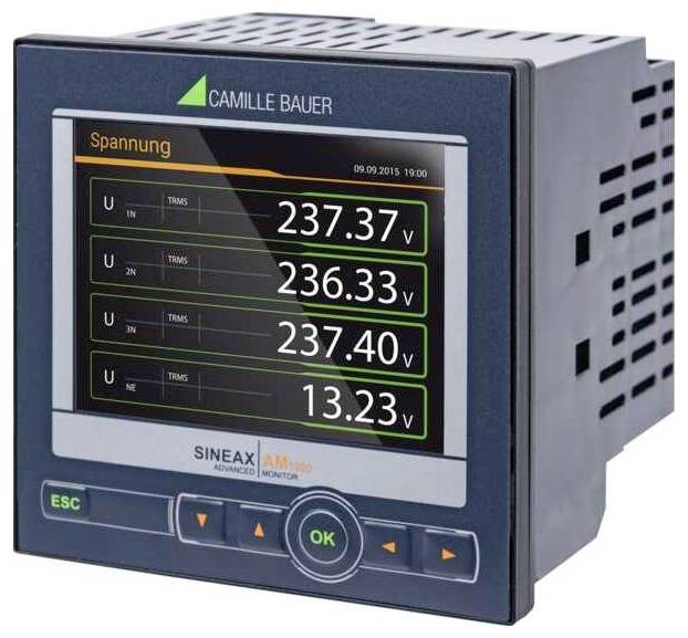 'Camille Bauer' spanningsmonitor die vier spanningsmetingen weergeeft: 237,37V, 236,33V, 237,40V en 13,23V. Datum: 09.09.2015.