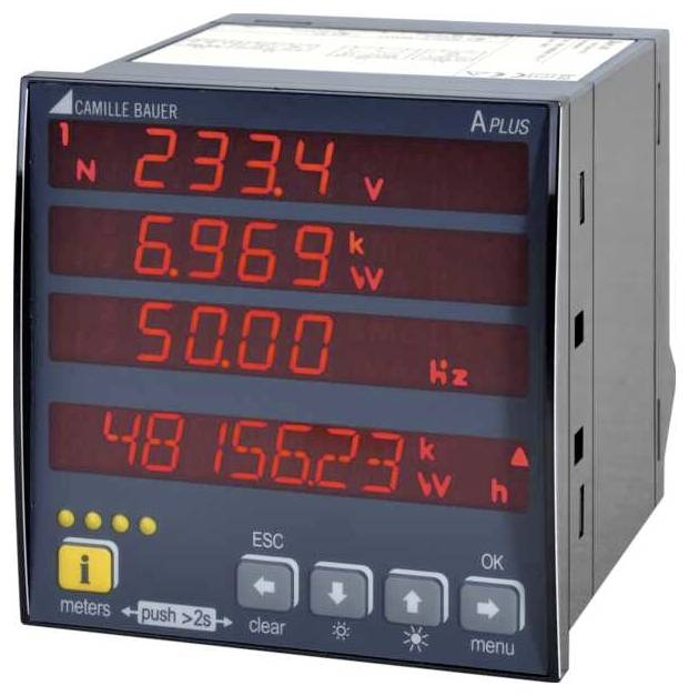 Een digitaal paneelmeter die metingen weergeeft: '233,4 V', '6,969 kV', '50,00 Hz' en '48156,23 kWh', met navigatieknoppen eronder.