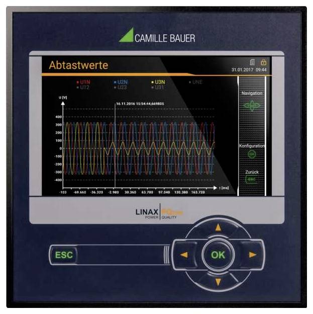 Een digitaal display met een elektrische meetgrafiek met kleurgecodeerde lijnen en labels, getiteld 'Abtastwerte' van Camille Bauer.
