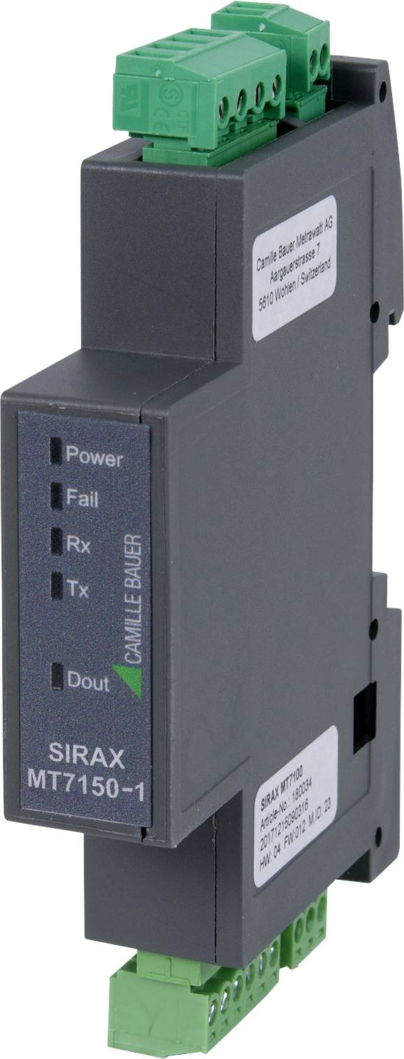 'SIEMENS SIRAX MT7150-1' apparaat met vermogen-, storing-, RX-, TX- en DOUT-indicatoren met groene aansluitklemmen aan boven- en onderzijde.