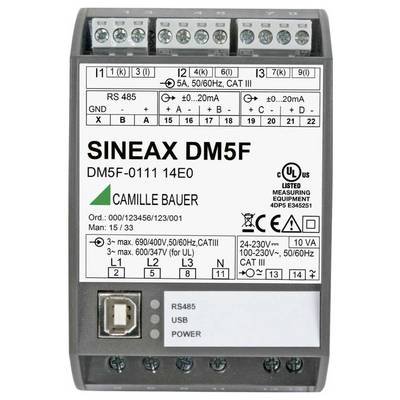 Een SINEAX DM5F meetinstrument met verschillende technische details en specificaties zichtbaar, inclusief RS485-connectiviteit en vermogenswaarden.