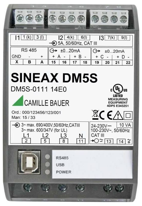 Elektrisch apparaat gelabeld als 'SINEAX DM5S' voor het meten van stroom en spanning. Voorzien van poorten voor USB en RS485, met diverse technische symbolen.