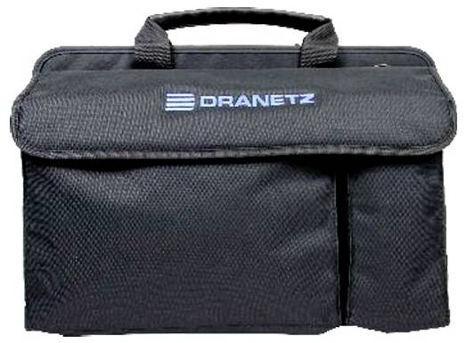 Een zwarte draagtas met een bovenhandvat, met het logo 'DRANETZ' in het blauw op de voorklepzijde.