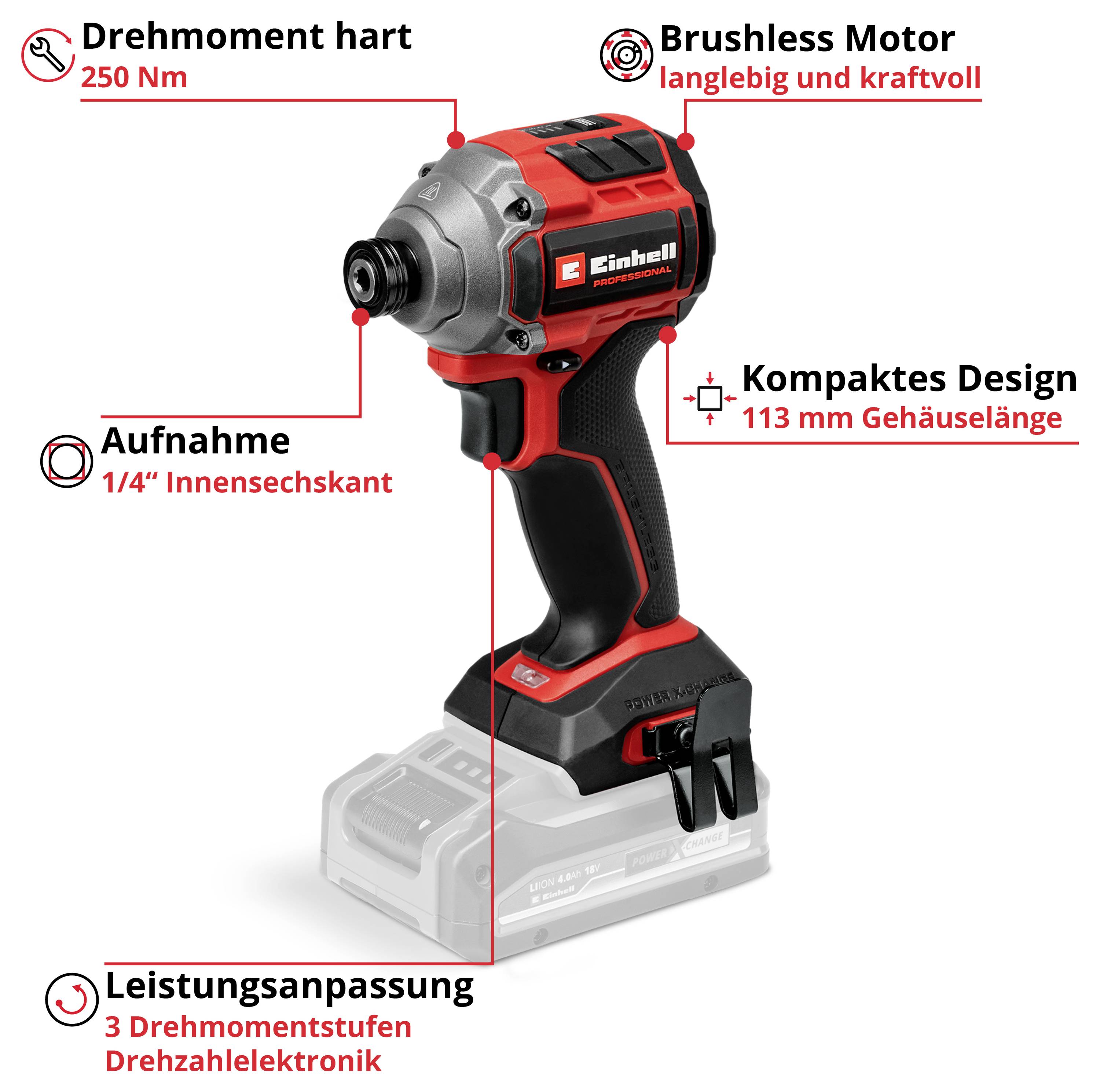 Rode en zwarte accuschroevendraaier met 250 Nm koppel, borstelloze motor, 1/4'' opname, compact ontwerp en 3 vermogensstanden.