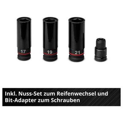 'Doppenset met bit-adapter; maten: 17, 19, 21. Voor bandenwisseling en schroeven.'