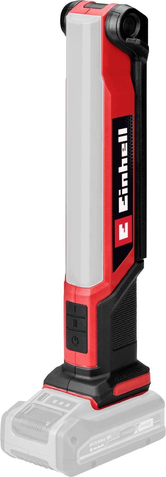'Een rode en zwarte draadloze werklamp die rechtop staat op een batterijvoet, met een strak design en een prominent zichtbaar merk-logo.'