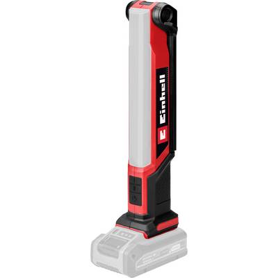 'Een rode en zwarte draadloze werklamp die rechtop staat op een batterijvoet, met een strak design en een prominent zichtbaar merk-logo.'